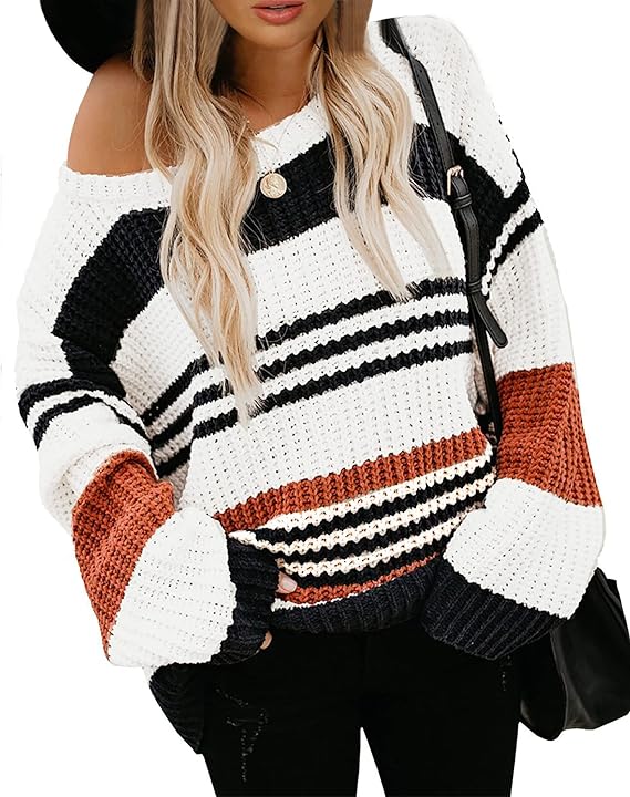 KIRUNDO 2023 Fall Winter Women's Striped Color Block Short Sweater Long Sleeve Crew Neck Casual Loose Knit Pullover Tops