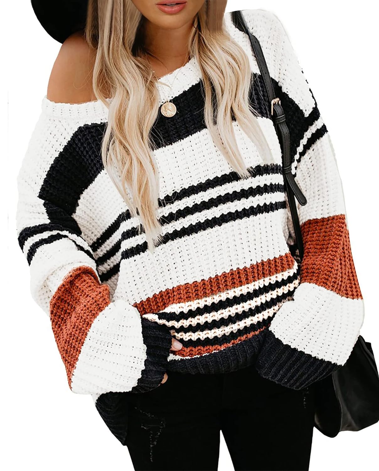 KIRUNDO Womens 2025 Fall Winter Striped Color Block Short Sweater Long Sleeve Crew Neck Casual Loose Knit Pullover