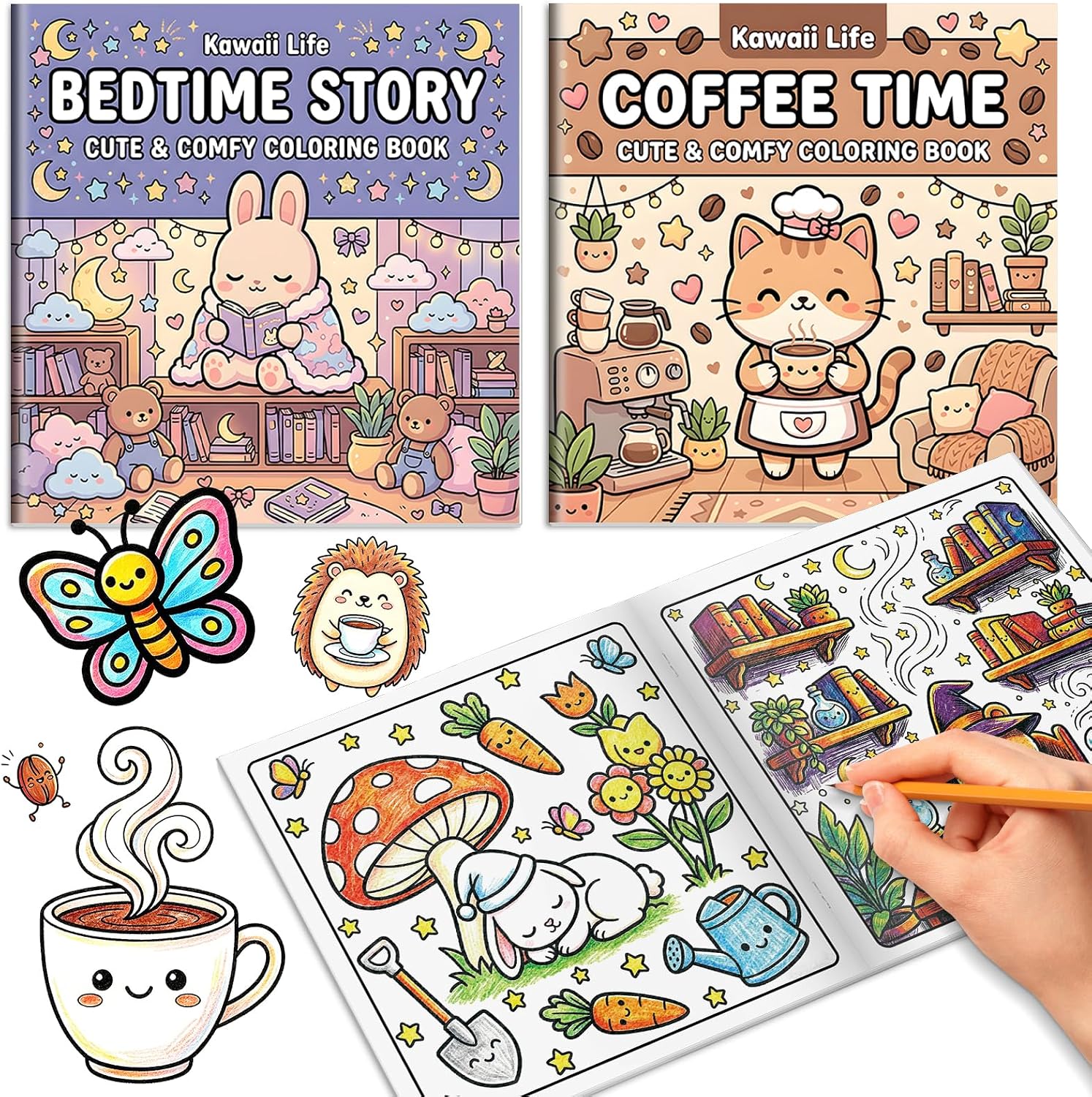 2Pcs Adult Coloring Book for Women Relaxation, Arts and Crafts Coloring Gifts for Women Saddle Stitch Double-Sided Design Include 64 Simple and Featuring Cute Patterns Bold and Easy Cozy Coloring Book
