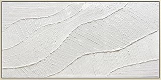 GeekMacro White Hand Painted Abstract Oil Painting Textured Wall Art - Large Framed 58x29 Minimalist Artwork Living Room Bedroom Horizontal Wall Decor