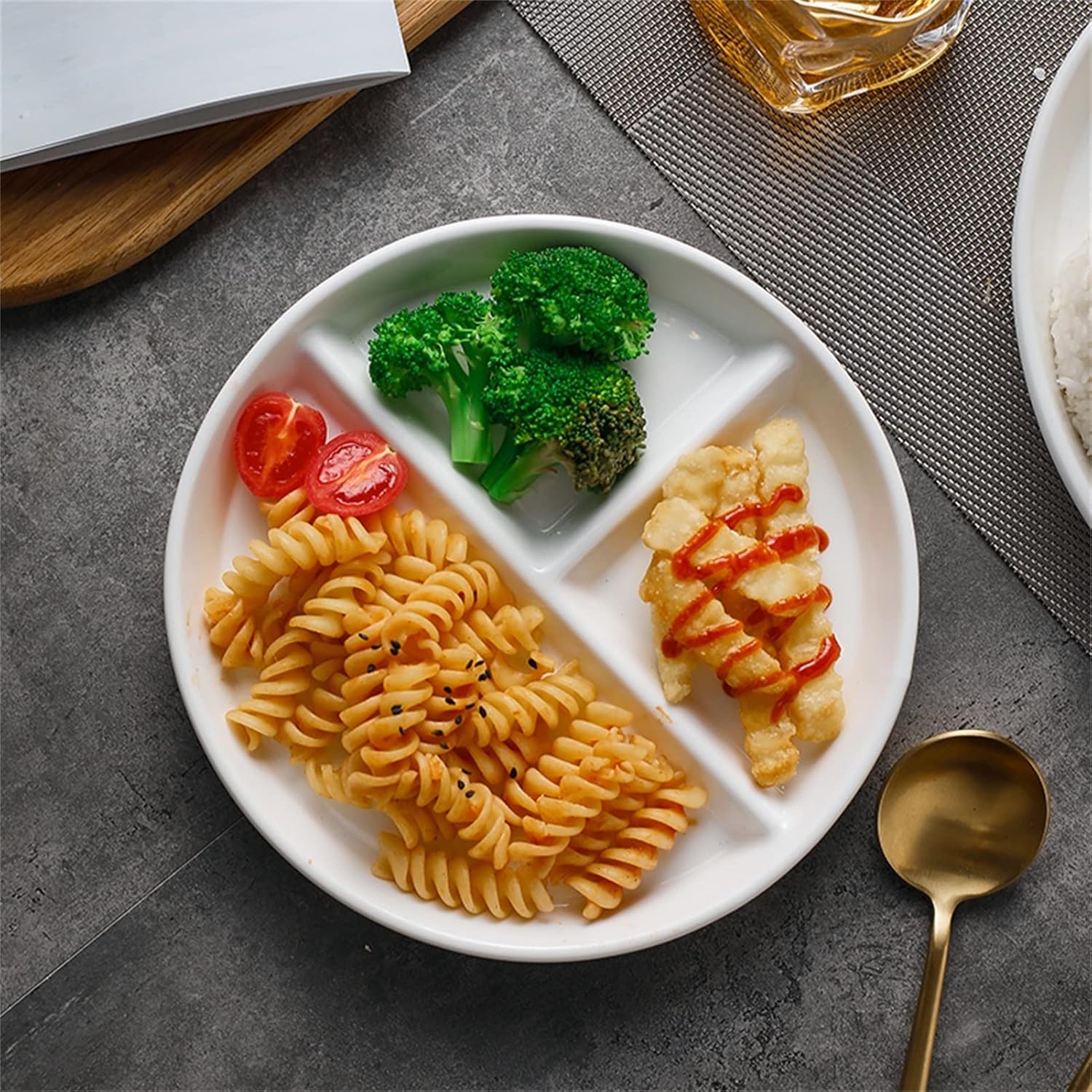 Weight Management Tableware - Creative Household Ceramic Partition Dinner Plate Meal Portion Control Plate 3 Grids Breakfast Plate Snack Platter for Hotel/Restaurant - White/1Pc (Size : 7.8")