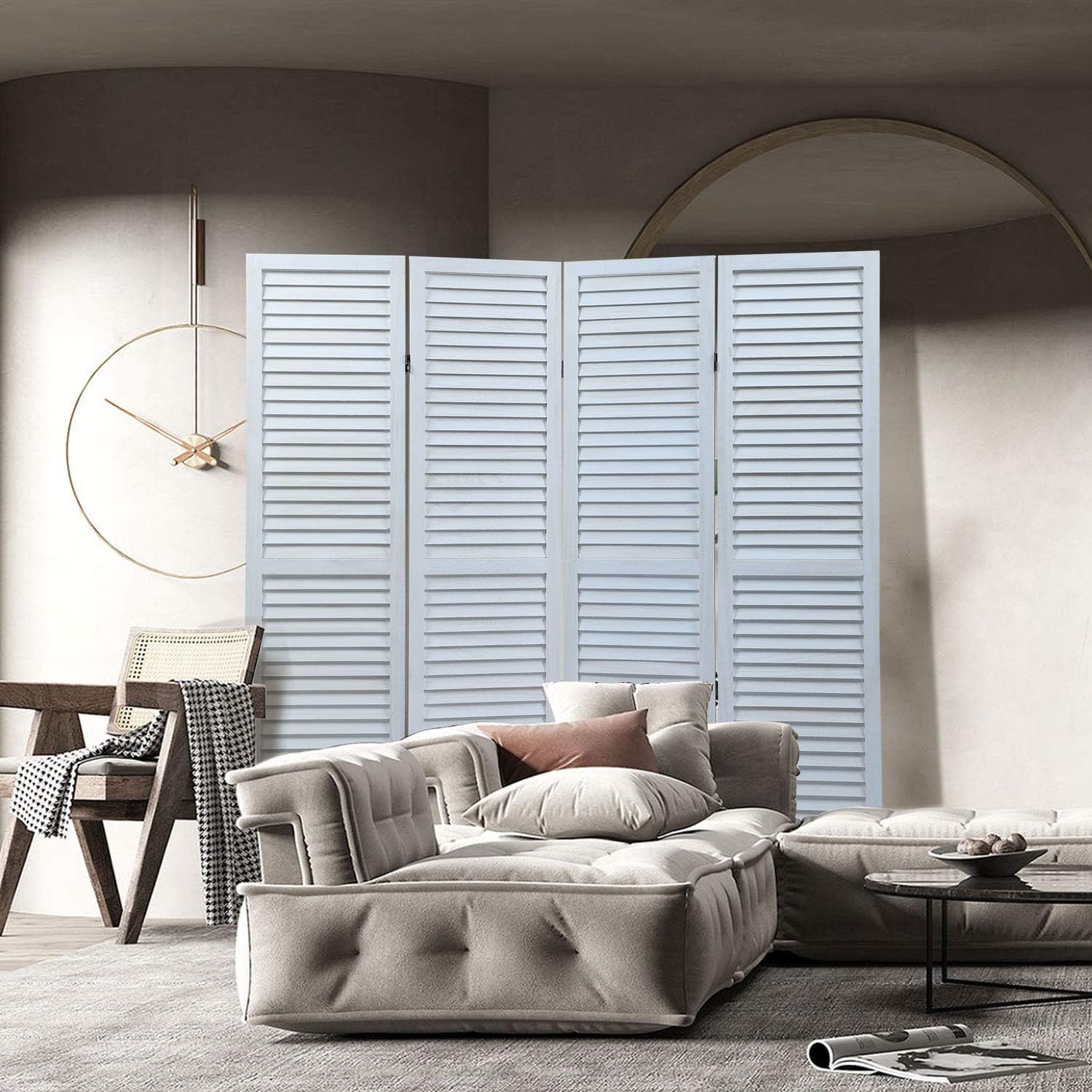 JAXPETY 4 Panel Wood Louvered Room Divider, 5.6 Ft Tall Oriental Folding Freestanding Privacy Screen Room Dividers for Home, Office, Bedroom (White)