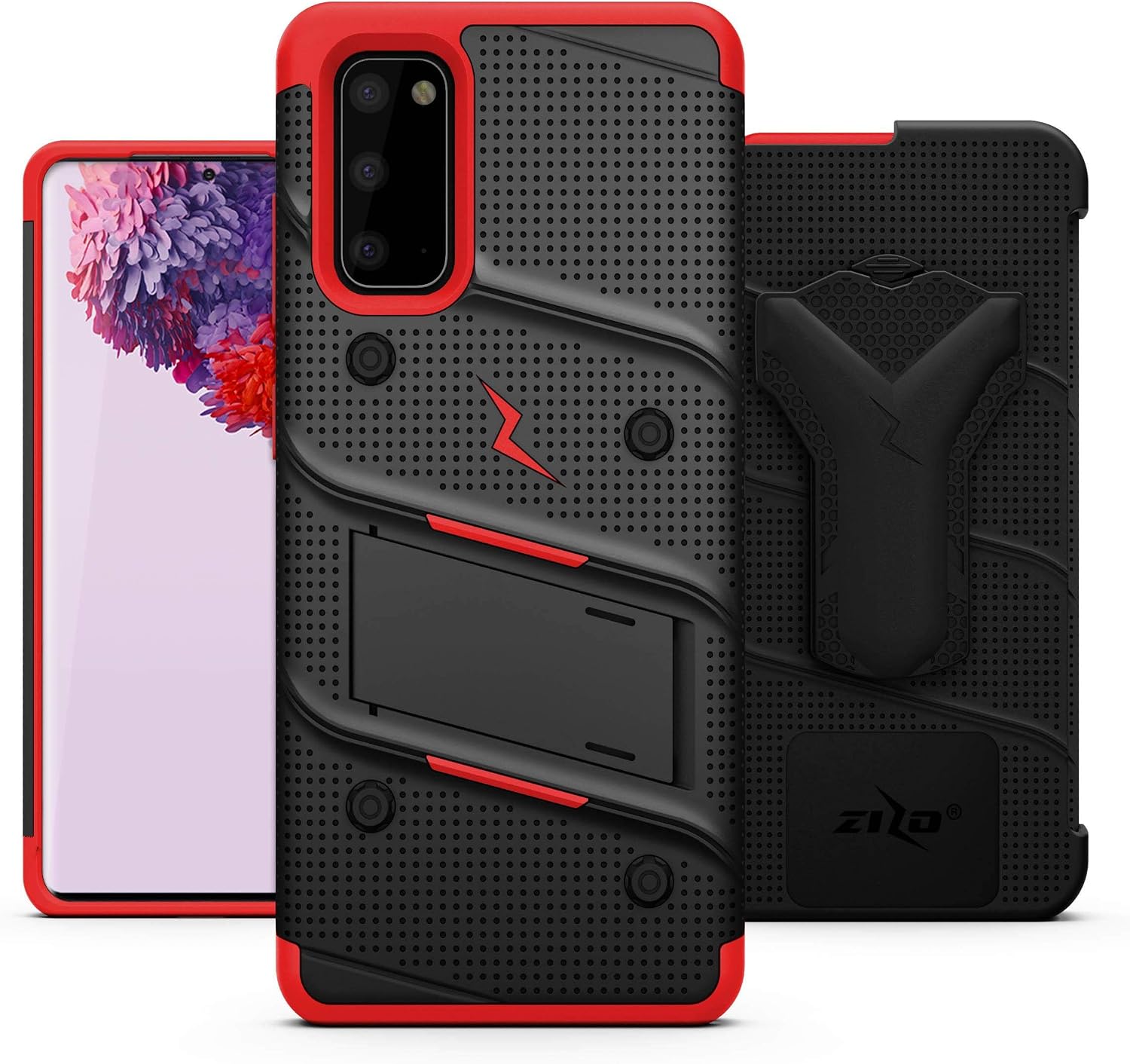 ZIZO Bolt Series for Galaxy S20 Case with Kickstand Holster Lanyard - Black & Red