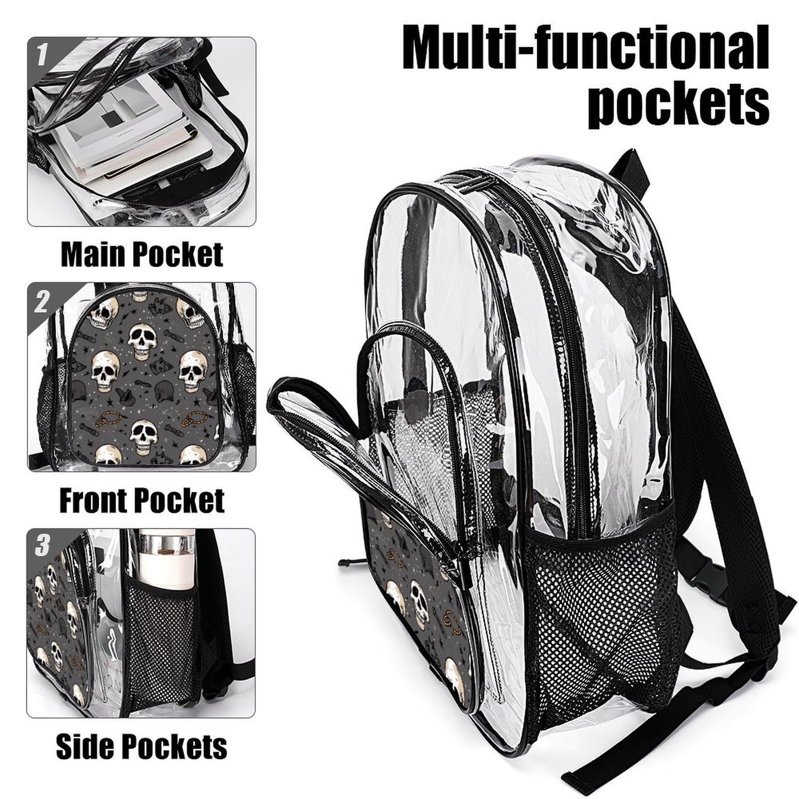 Transparenter Rucksack mit Totenkopf und Blitz, groß, transparent, PVC, Büchertasche für Sicherheit, Arbeit, Reisen, Stadion