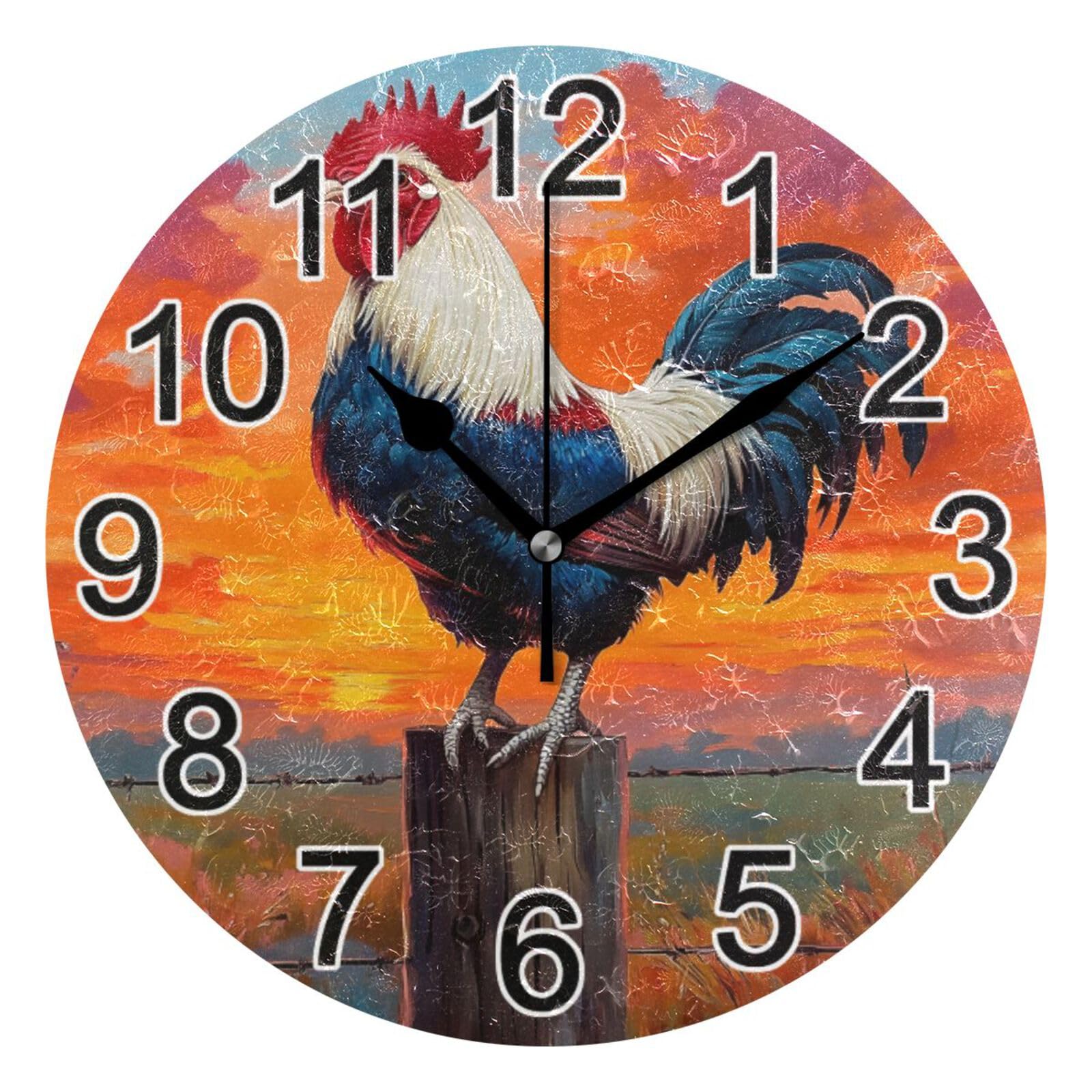 HLBSDM Rooster Sunset Wall Clock Non Ticking Silent Kitchen Clock Large Decorative Battery Operated Clocks 10 inch for Living Room Bedroom Decor