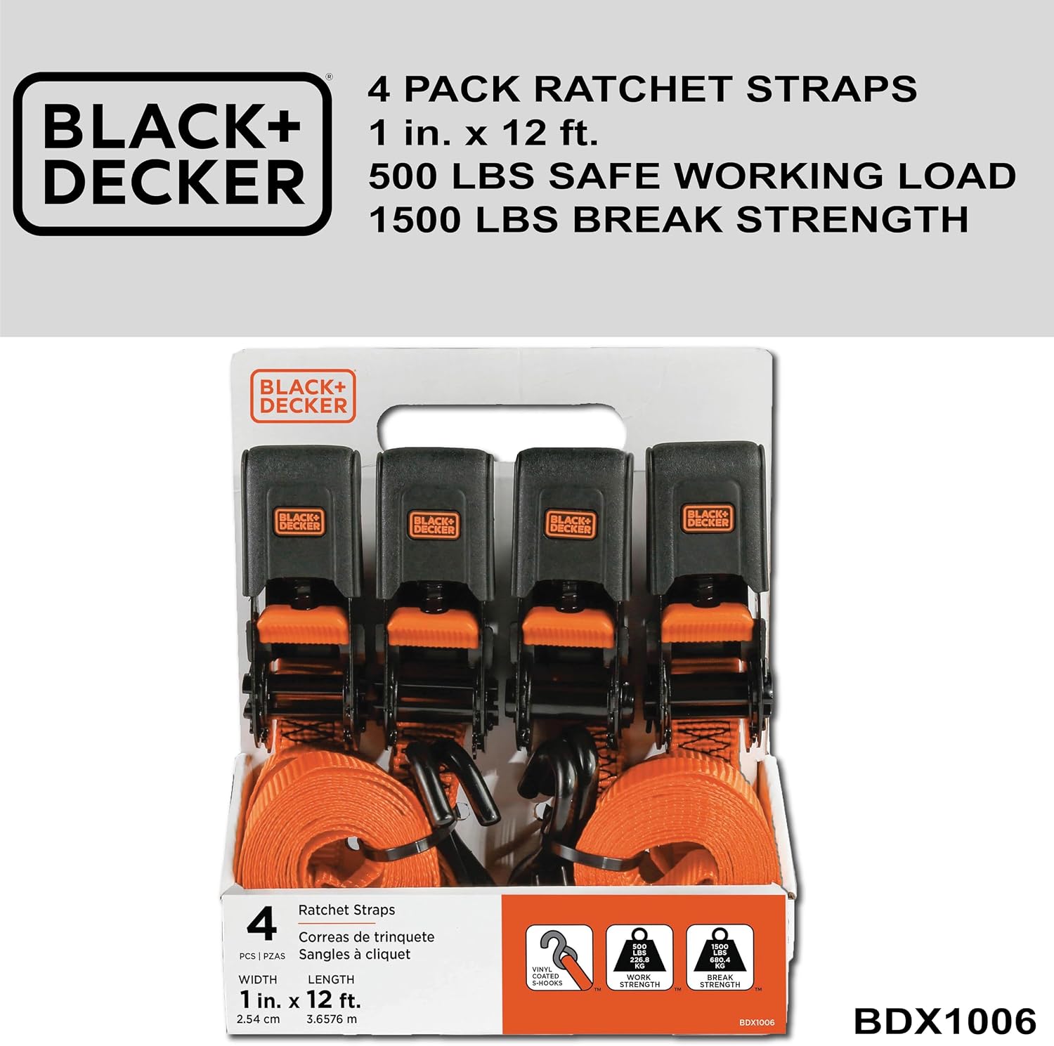 BLACK+DECKER BDX1006 Black/Orange 1" x 12' Ratchet Tie Down Straps with Padded Handles (1,500 lb Break Strength) for Securing Cargo, 4 Pack