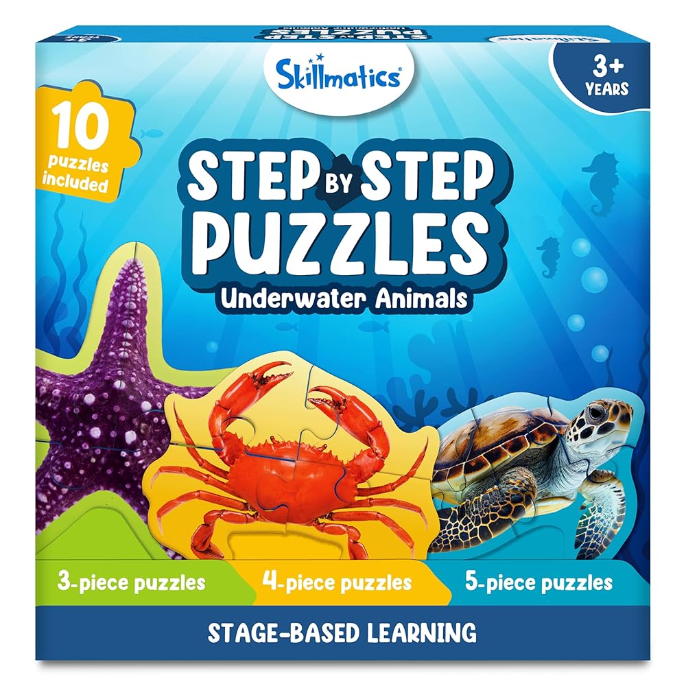Skillmatics Step by Step Puzzles - 41 Piece Jigsaw & Toddler Puzzle, Montessori Educational Toy for Boys & Girls, Underwater Animals, Travel Friendly, Gifts for Kids Ages 3, 4, 5 and Up