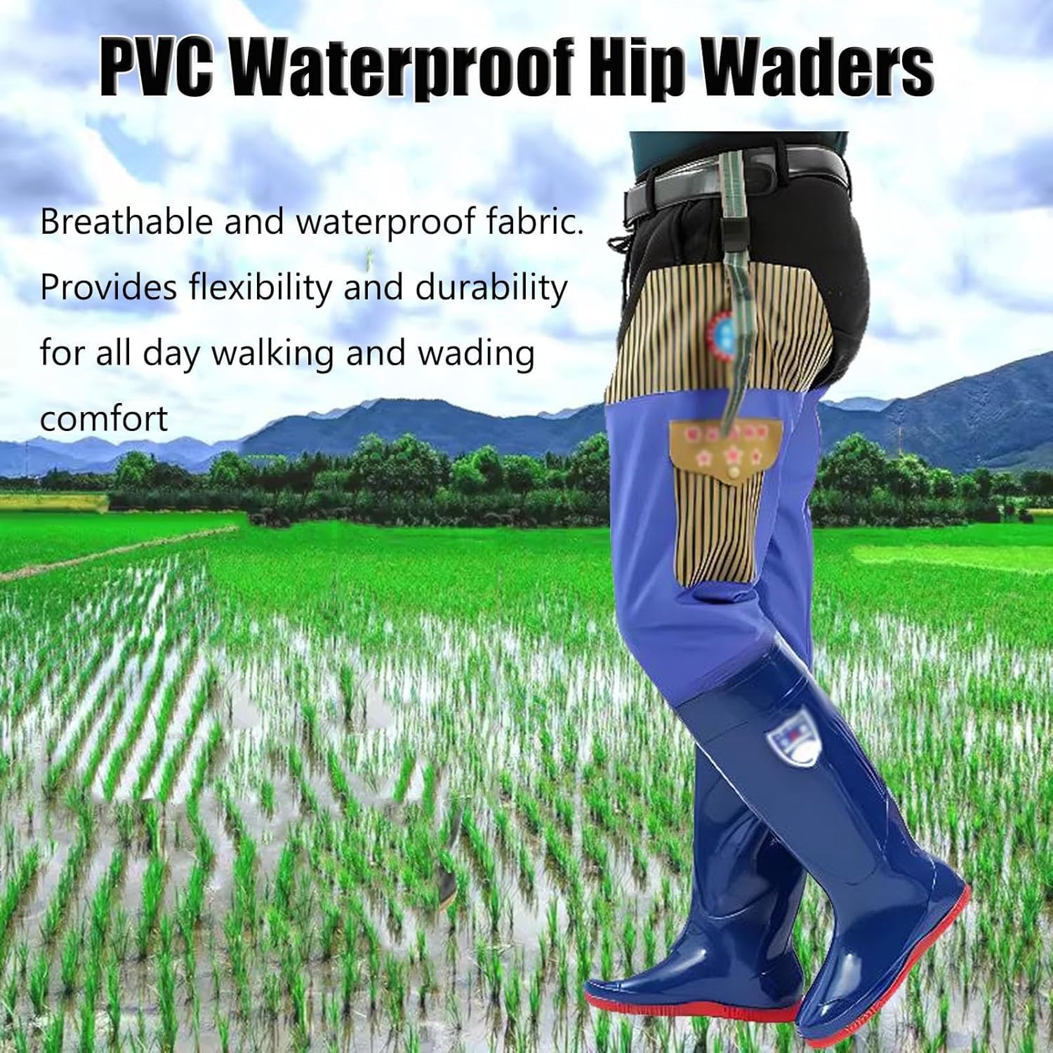 Wodery wędkarskie z PVC Fly Fishing, lekkie buty do chodzenia na zewnątrz dla mężczyzn i kobiet z kieszenią i regulowaną klamrą(8.5)