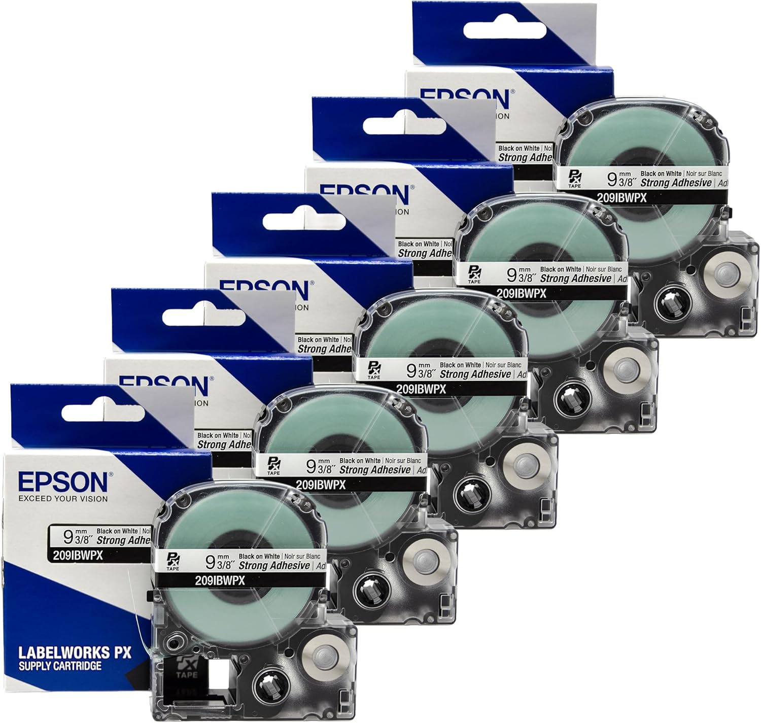 Epson LABELWORKS 209IBWPX-5PK Genuine PET (Polyester) Tape Cartridge - Black on White Label Maker Tape, Strong Adhesive - 3/8" (9MM) Wide, 30' - 5 Pack