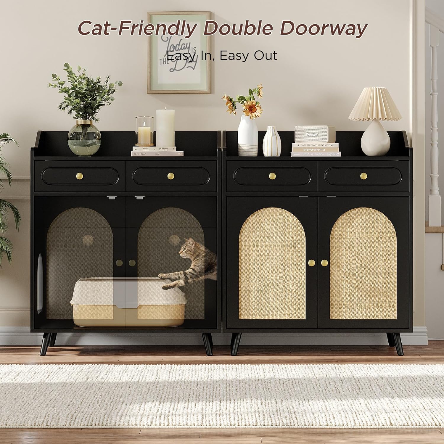 Halitaa Cat Litter Box Enclosure Furniture, Wooden Hidden Litter Box Furniture with Double Rattan Scratching Board Doors, 2 Drawers, Litter Box Cabinet, Cat Cabinet, Black