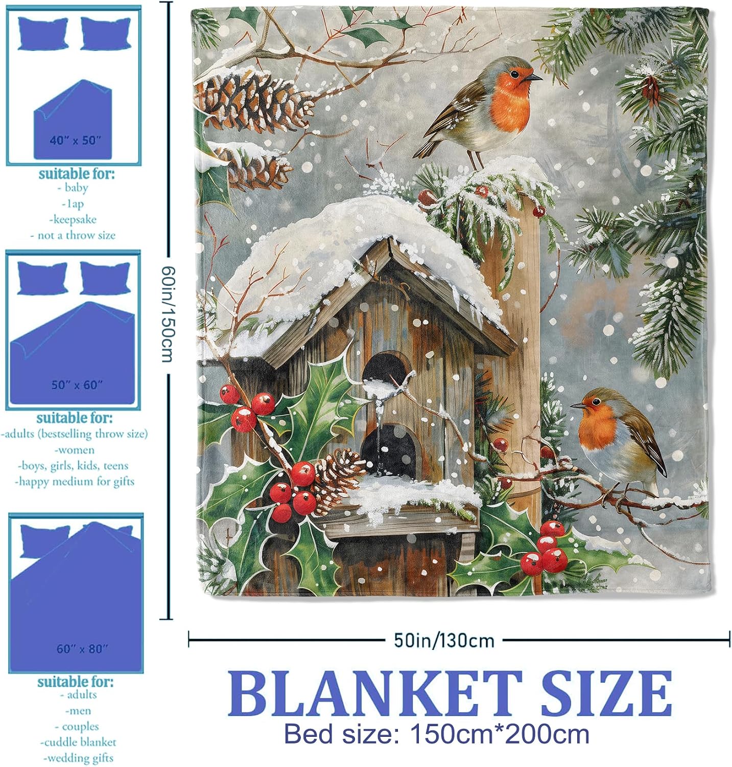 Birdhouse Snow Scene Throw Blanket 40x50 Inch, Winter Blankets for Cozy Home Decor, Plush Flannel Polyester Gift for Nature Lovers