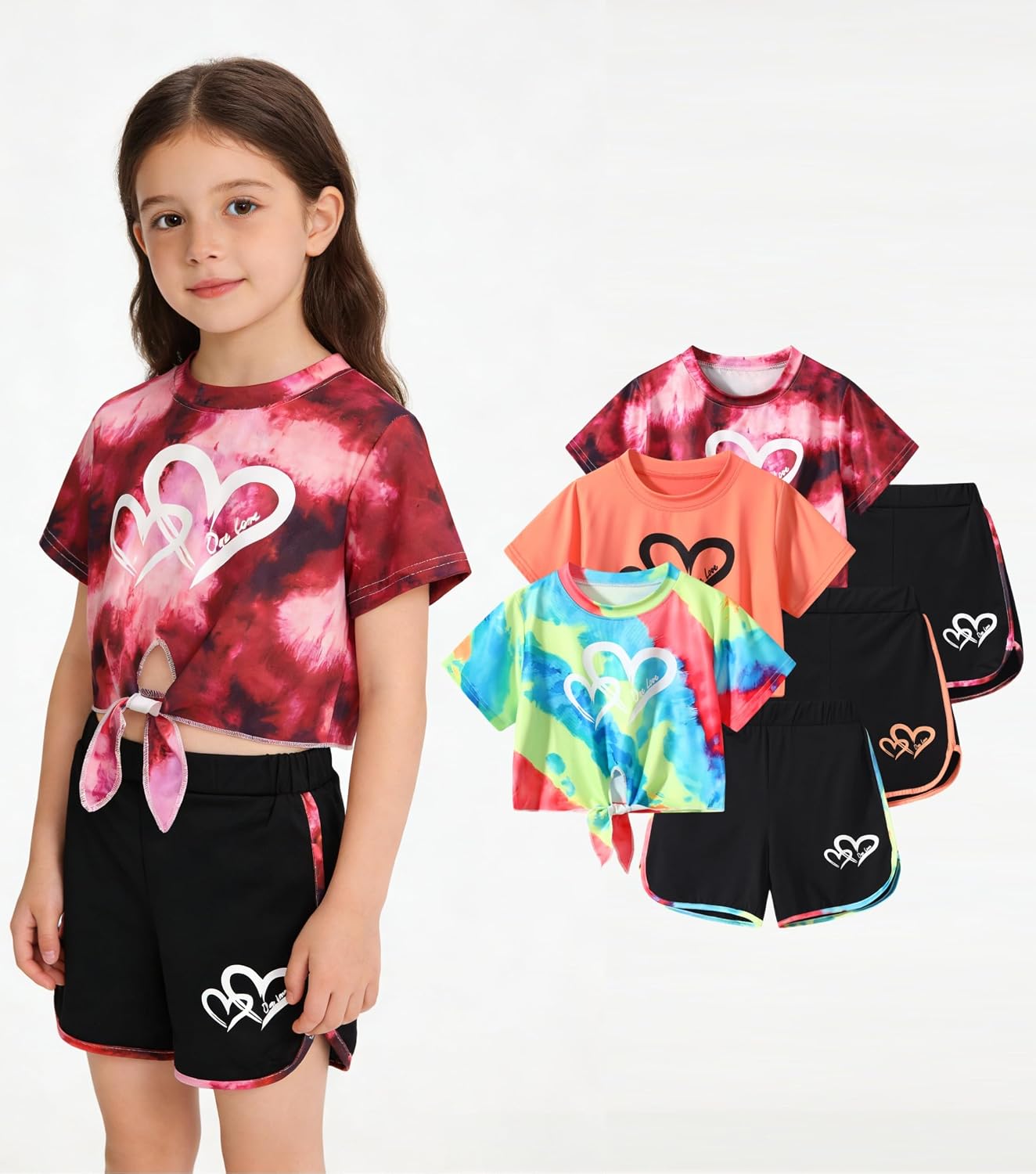 Girl Tie Dye Shirt Set 6 Pcs Causal Heart Print Short Sleeve Top and Track Shorts Summer Outfit