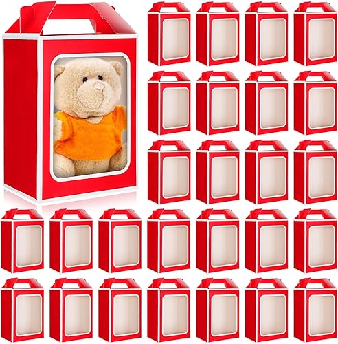 Kosiz 24 cajas de regalo rojas con ventana transparente, bolsas de papel grandes de 9.8 x 7 x 5.1 pulgadas, caja de ramo de dulces de boda, bolsas