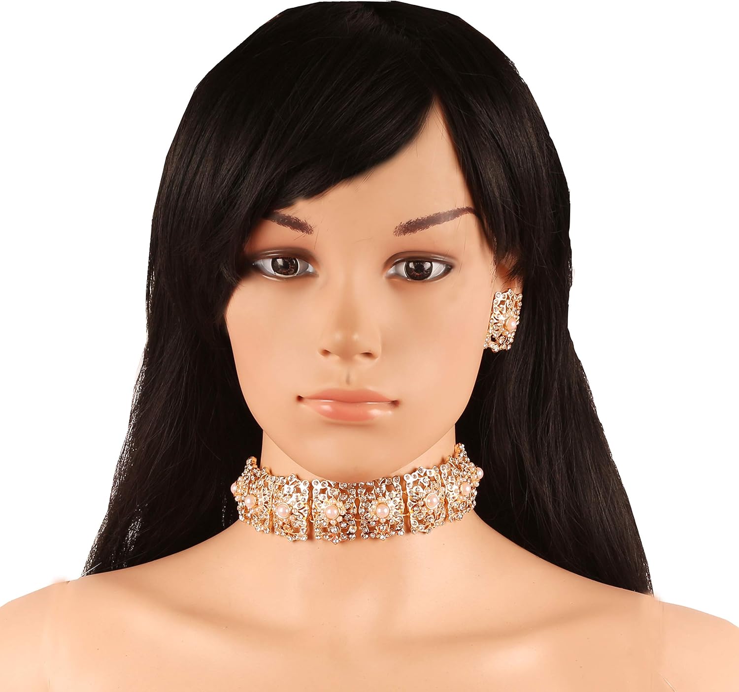 Touchstone Mughal Jali Collection Indian Bollywood Gracious Stylish Faux Pearls Rhinestone Studded Diamond Look Designer Chickpatti Choker Necklace Set Jewelry In Gold Tone For Women - Image 2