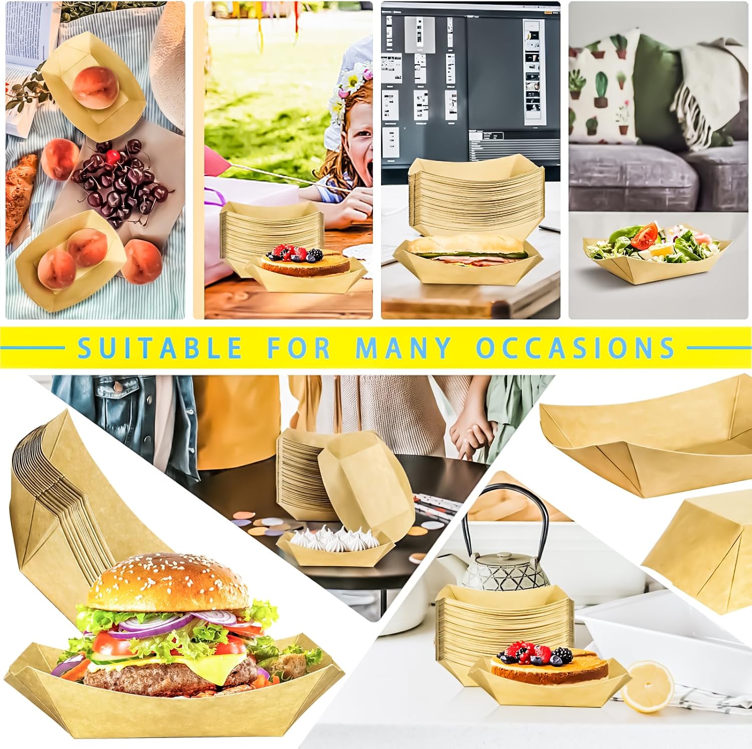 200 Pack 2lb Kraft Paper Food Trays Disposable Paper Boats, Heavy-Duty Food Boats, Paper Food Serving Boat Tray Basket for Snacks Popcorns BBQ Sandwich Burgers Hot Dogs Tacos Fries Nachos