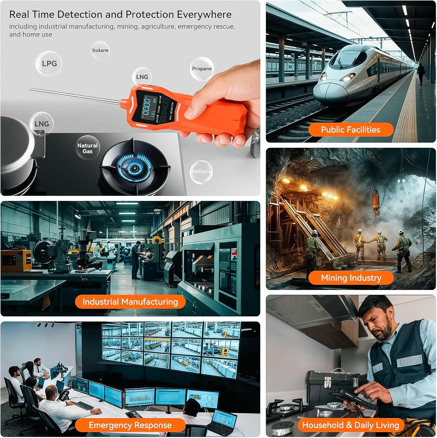 Rechargeable Gas Detector,Natural Gas Detector with Back Clip and 2 Probes,Propane Methane Butane Combustible Gas Leak Detector for Industrial RV Home,LCD Screen,Audible Visual Alarm Gas Sniffer