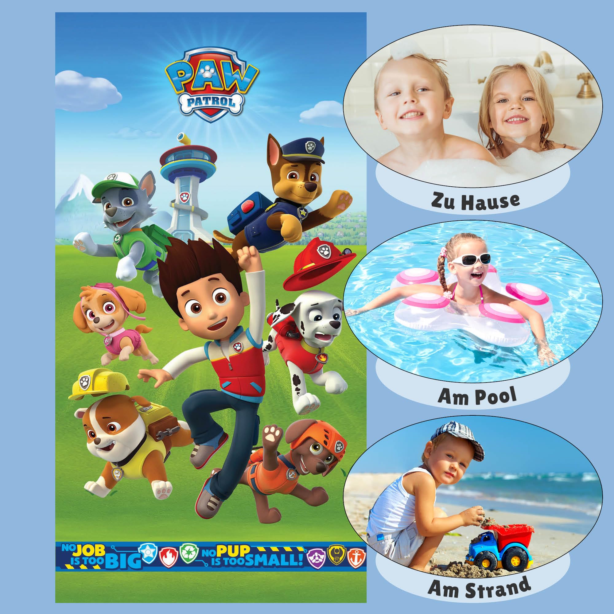 Familando – Paw Patrol Strandtuch Kinder 75x150 cm – Badetuch & Duschtuch aus 100% Baumwolle – mit Ryder, Marshall, Skye & Pups – Öko-TEX Zertifiziert