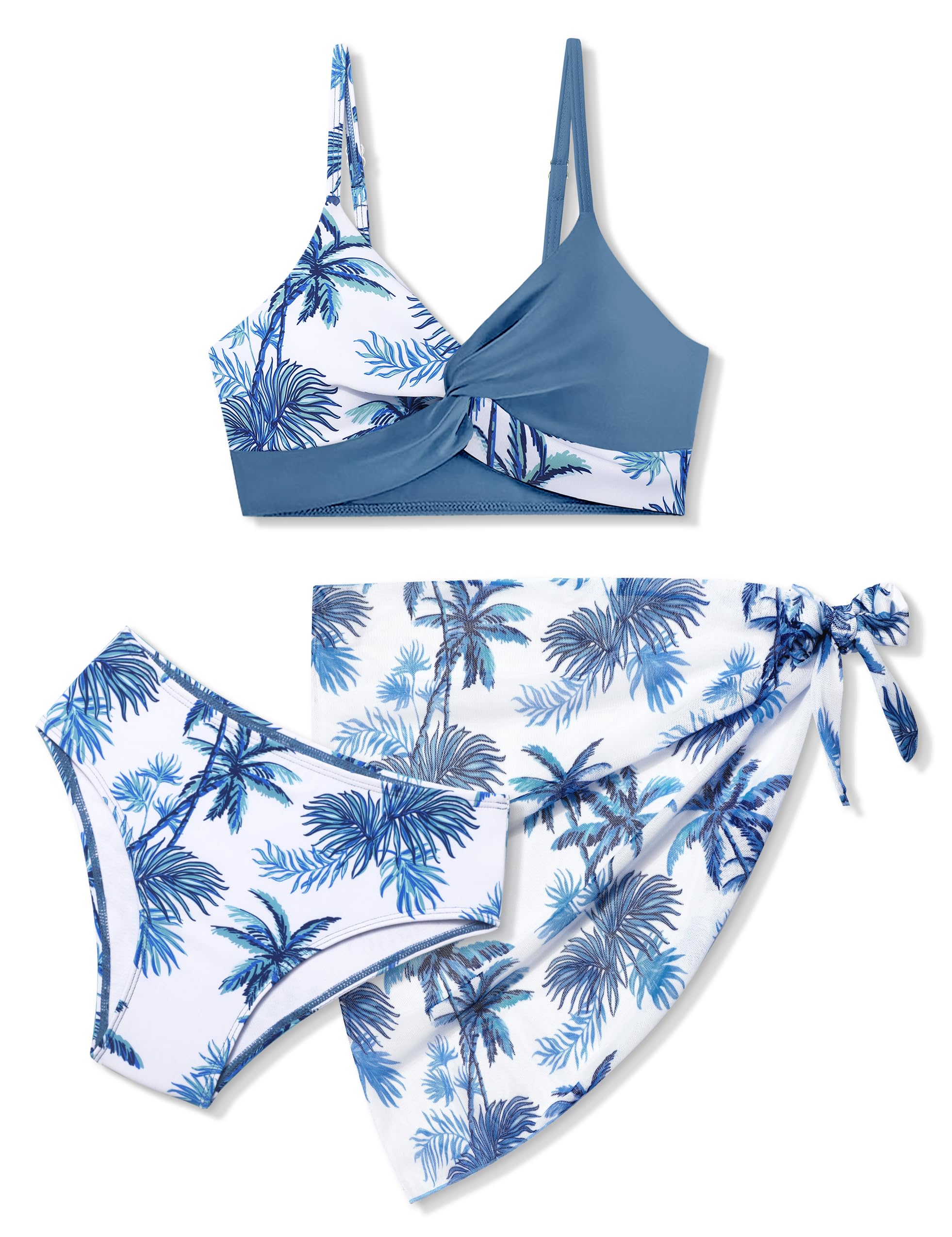 Girls Swimsuit, Bathing Suits 3 Piece Tropical Floral Twist Cross Bikini Sets Girls' Swimwear with Cover Up Skirt 7-16T
