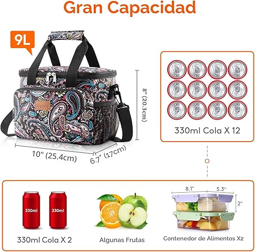 Miniatura 4 de Lifewit Lonchera mediana con aislamiento, suave y refrigerante, para adultos, hombres y mujeres, estampado de cachemira, 12 latas (9L)