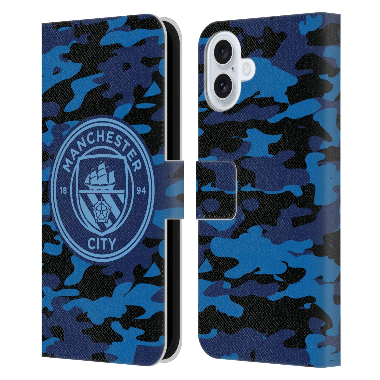Head Case Designs Officially Licensed Manchester City Man City FC Dark Blue Moon Mono Badge Camou Leather Wallet Case Compatible With Apple iPhone 16 Plus