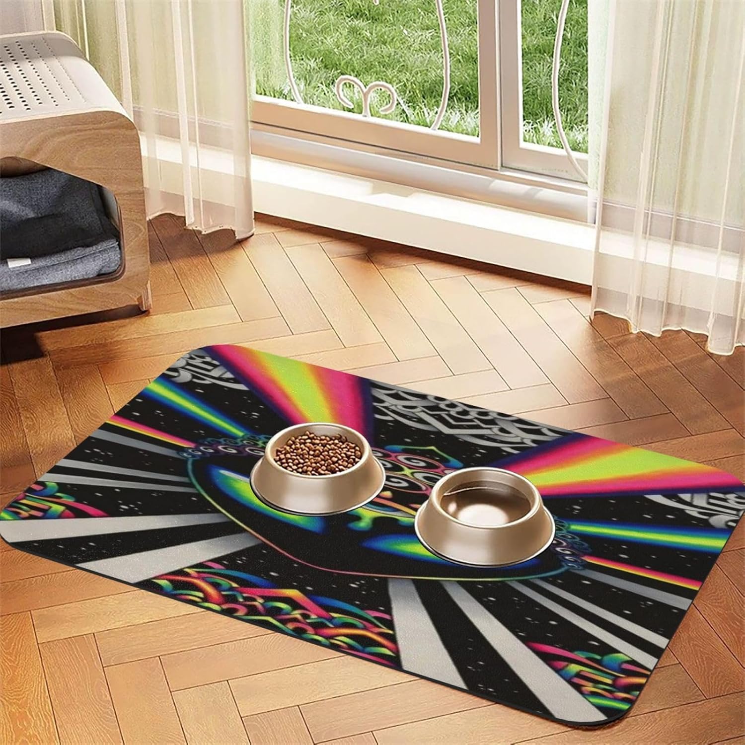 Rainbow Splatter Space Alien Third Eye Pet Feeding Mat-Absorbent Quick Dry Pet Cat Dog Food Mat Non Slip Waterproof Rubber Dish Placemat