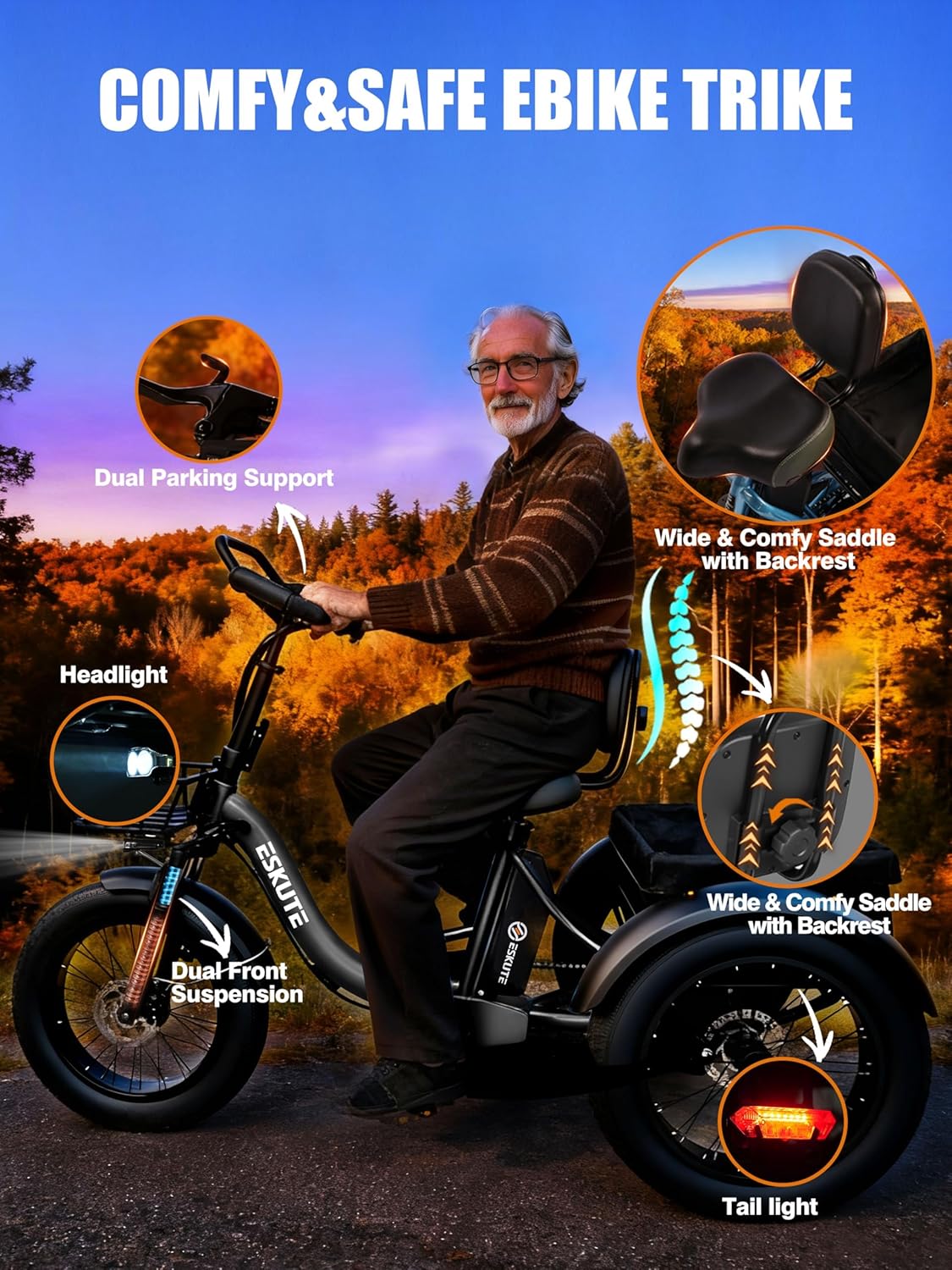 ESKUTE T300 Pro Electric Trike for Adults, Butterfly Handlebar E-Bike with 998.4Wh Long-Range Battery, 1200W Peak Motor, 20"x4.0" Fat Tires, Foldable 3-Wheel, Up to 80 Miles