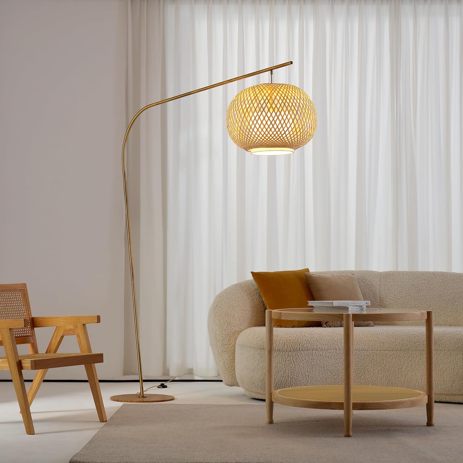 FOS - Modern Bohemian Chic Arch Floor Lamp with Woven Bamboo + Linen Shade - Brushed Brass Finish, Ambient Home Lighting in Living Room, Bedroom, Study, Nursery