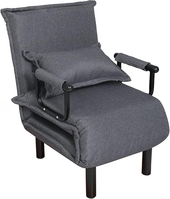 YOURLITE 3-in-1 Sofa Bed Chair, Convertible Adjustable Folding 6 Position Arm Chair Sleeper w/Pillow, Upholstered Seat, Zips Design, Leisure Chaise Lounge Couch for Living Room Home Office (Grey)
