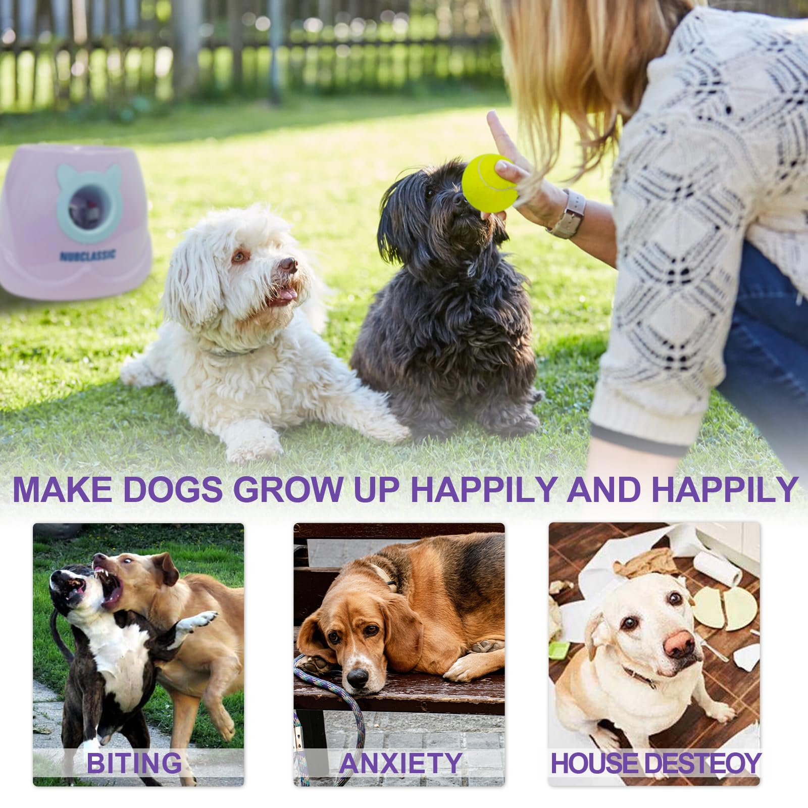 BESTHLS Lanceur automatique de balles de tennis interactif pour chiens de petite et moyenne taille, distance de recherche de 10 à 30 pieds (violet, télécommande incluse)