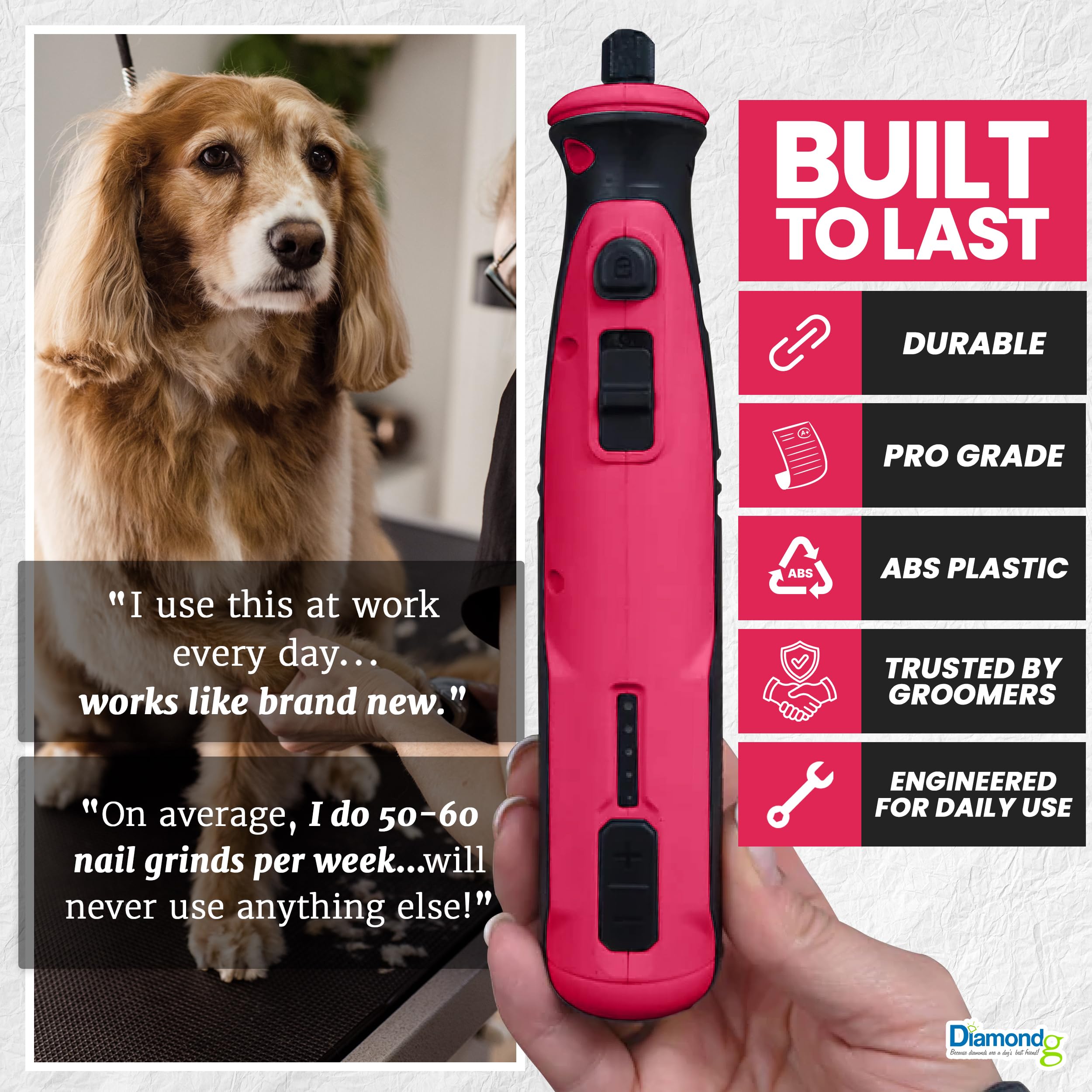 Diamondg Molinillo de uñas inalámbrico para perros con sonido silencioso y punta LED para perros grandes y pequeños, 4 horas de tiempo de funcionamiento, cortaúñas eléctrico para perros, herramienta
