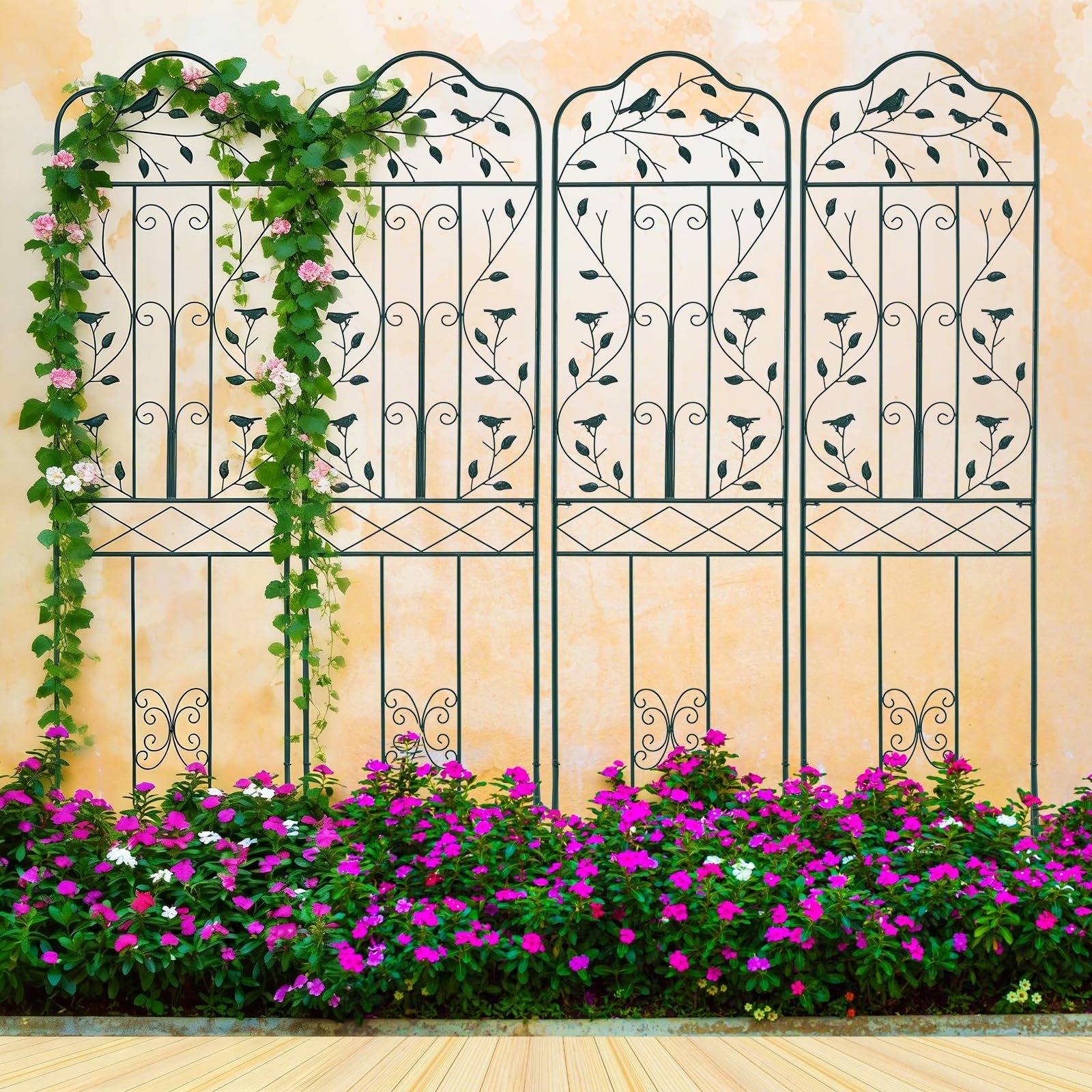 COSTWAY Rankgitter Metall, 3 in 1 dekorativer Gartenzaun & Blumenregal & Pflanzstütze, freistehende Rankhilfe mit Sockel, Spalier Garten, Rankspalier für Kletterpflanzen Blume Gemüse (Grün,1 Pack)