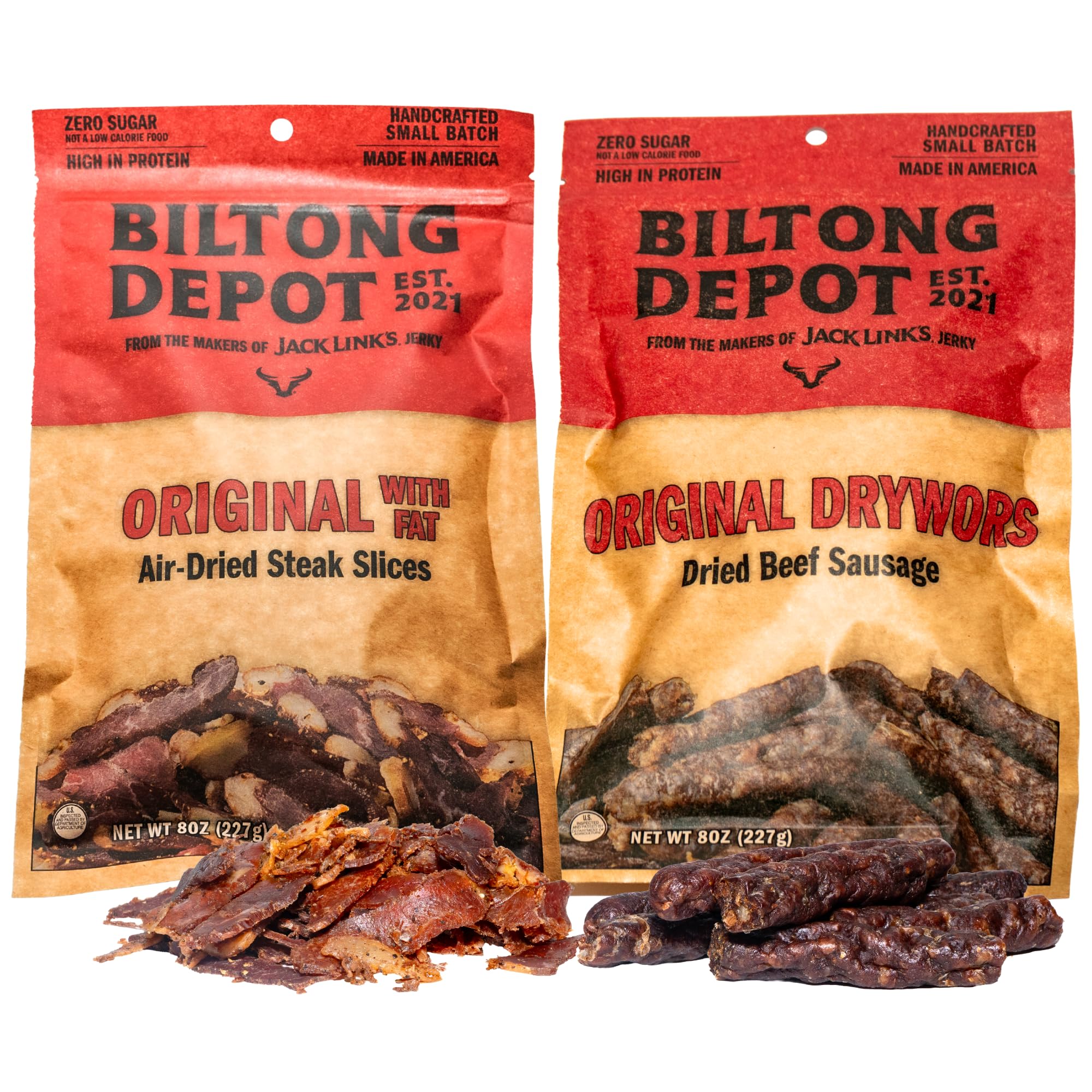 Biltong Depot Biltong + Drywors Bundle - 8oz (2 Pack) | Original Air-Dried Beef Slices with Fat & Snack Sticks | High Protein | Jerky Alternative | Zero Sugar | Keto & Paleo Friendly | Gluten Free | No Artificial Preservatives | No MSG