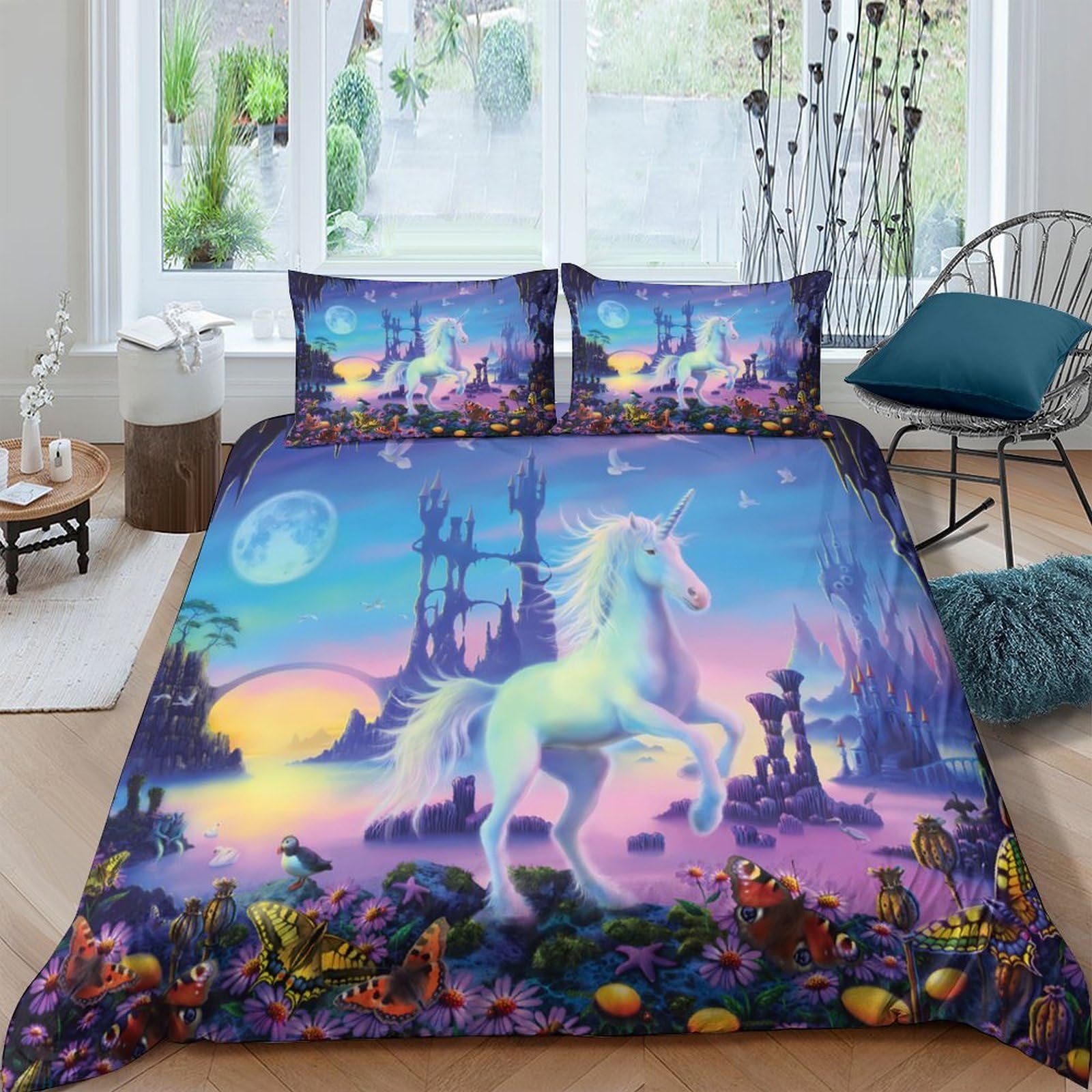 Ctjqhvkz Style-10 3D Printed Fantasy Unicorn Fitted Sheet Microfiber Soft Breathable Dream Castle Mattress Cover For Bedroom Dorm Decor Single（135X200cm）