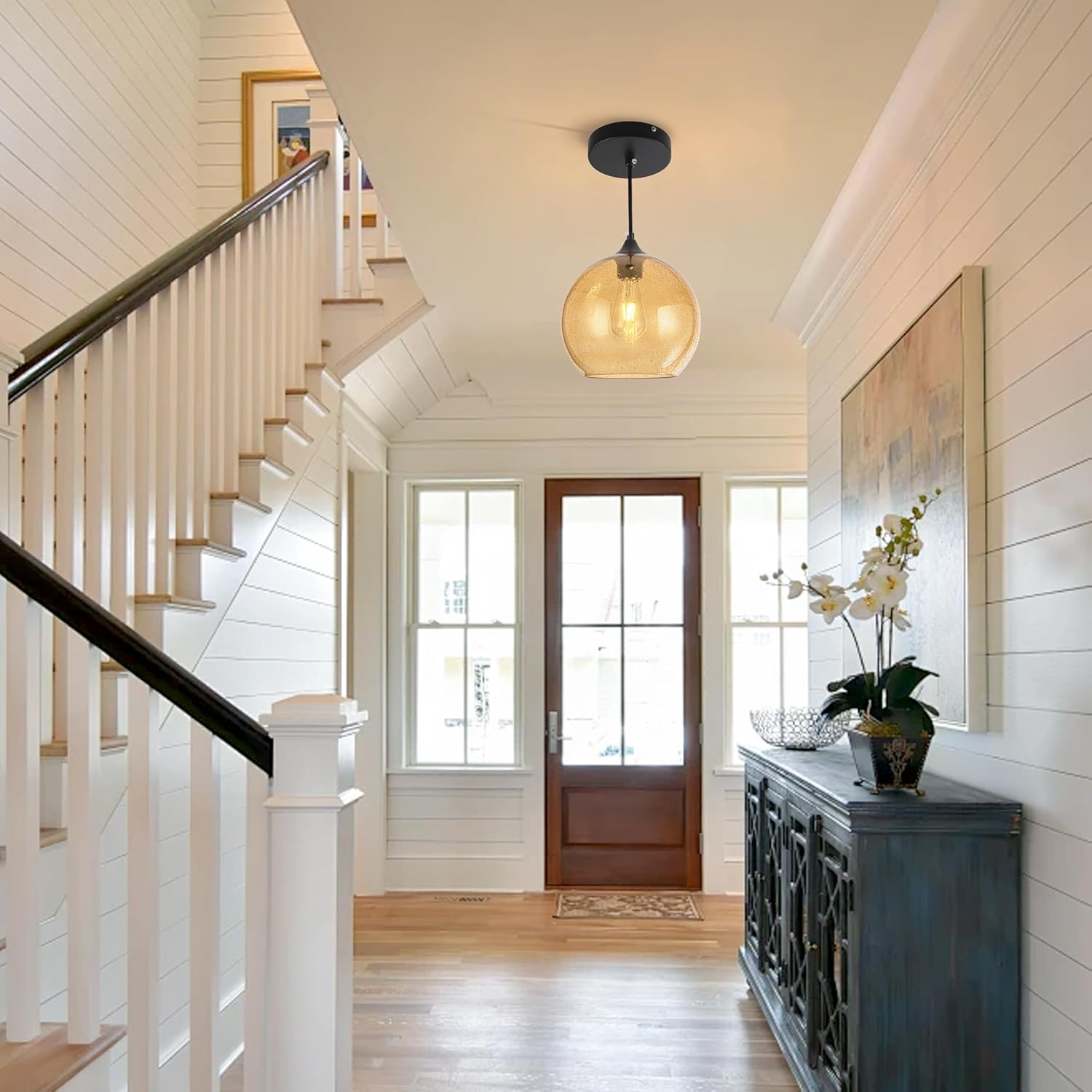 Amber Glass Pendant Lights Kitchen Island Lighting Modern Globe Pendant Light Fixtures Modern Pendant Lights for Kitchen Island Bedroom Living Dining Room Light Fixture-7.8inch