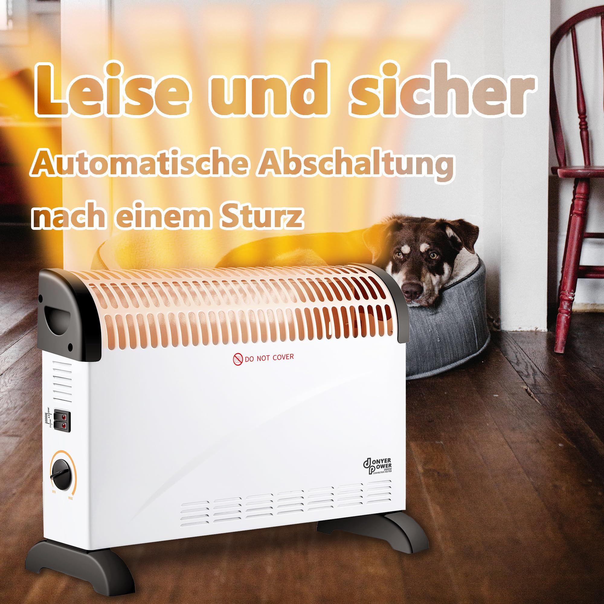 DONYER POWER 2KW Konvektor mit Thermostat – Leise – Wandmontage | 3 Heizstufen (750W/1250W/2000W) – Leiser Betrieb – Stand- & Wandmontage – Sofort einsatzbereit