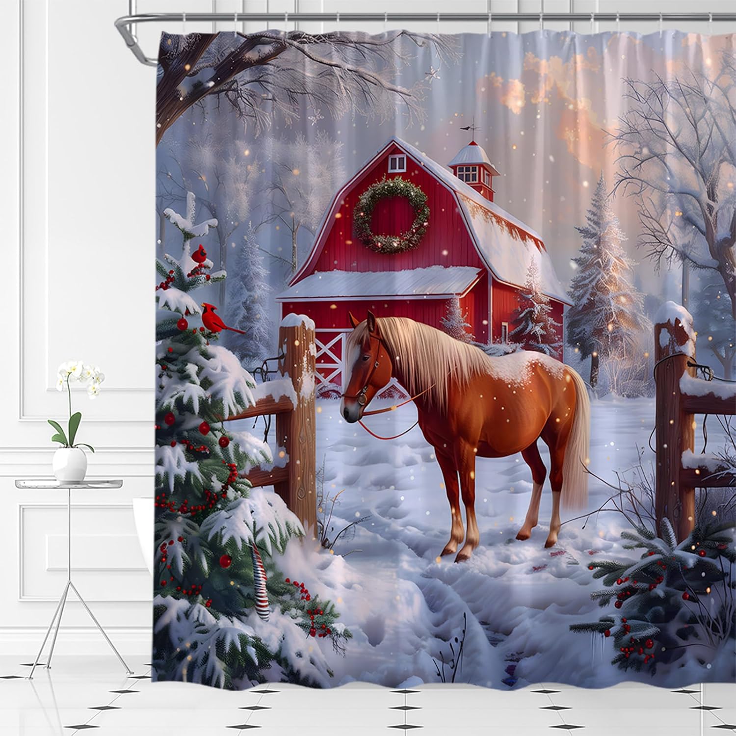 Farmhouse Christmas Horse Shower Curtain Rustic Farm Barn Western Animal Christmas Tree Snow Winter Holiday Bathroom Curtains Decor Fabric Set Include Hooks,(70" Wx84 H)