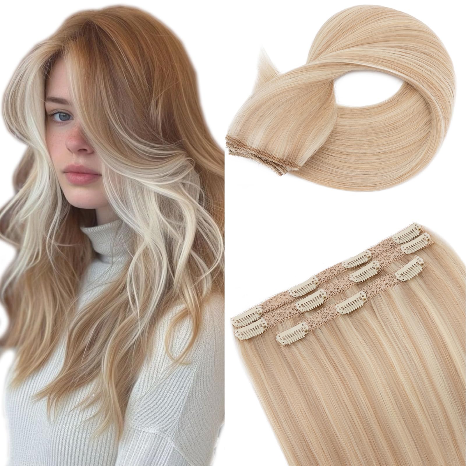 Elailite Hair Extensions Clip In Real Human Hair Remy #18/613 Ash Blonde Mix Bleach Blonde Double Weft Seamless Hairpieces Straight 12 Inch (60 g) 60g 3 Pieces