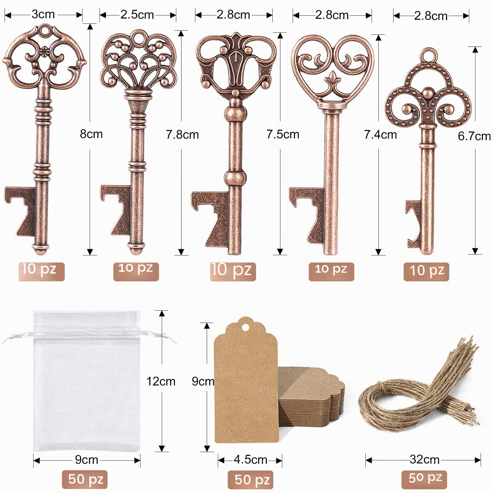 GoMaihe 50pcs Bomboniere Matrimonio Chiave Apribottiglie, 5 Stili retrò con Borsa Trasparente, Etichetta Regalo Decorazione Tavola di Nozze Compleanno, Battesimo Cresima Regali di Anniversario