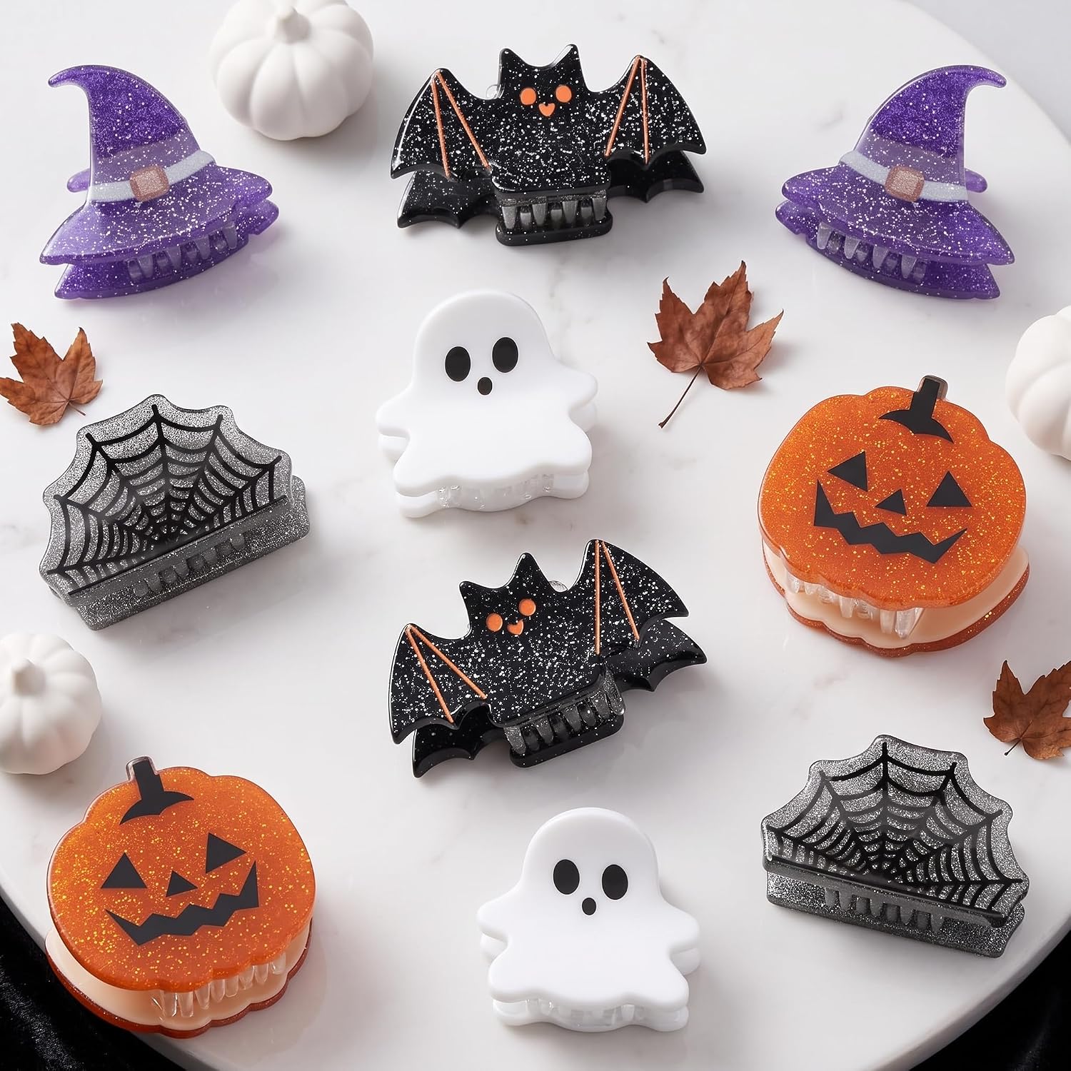 Mini Halloween Hair Claw Clips for Girls Pumpkin Ghost Bat Spider Web Designs, Cute Hair Clips Cute Halloween Hair Accessories