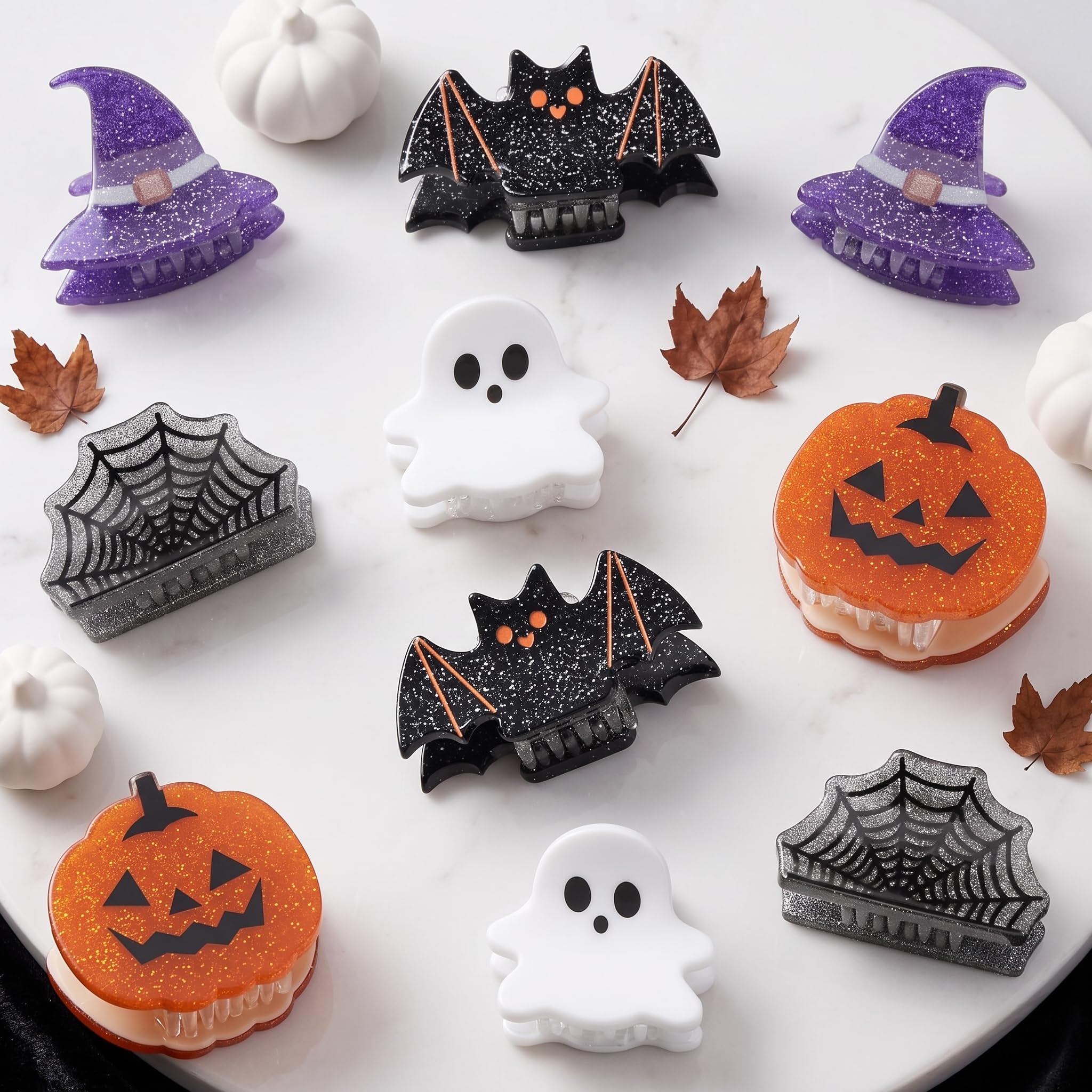 Mini Halloween Hair Claw Clips for Girls Pumpkin Ghost Bat Spider Web Designs, Cute Hair Clips Cute Halloween Hair Accessories