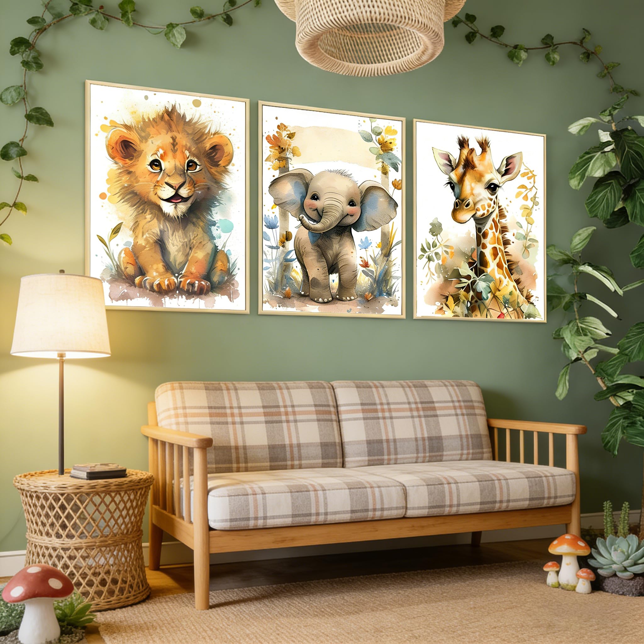 BeiYiHo 3 Affiche Animaux Chambre Bebe Tableau Jungle Chambre Enfant Savane Decoration Murale Garçon Beige 40X50 Poster Elephant Lion Girafe Deco sans Cadre (BYCH074-40x50)
