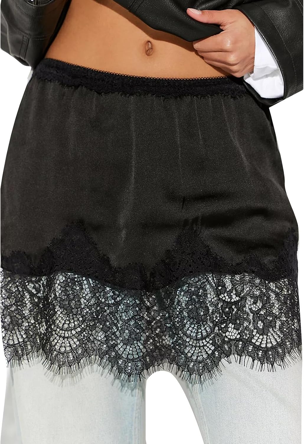 Women Lace Trim Silk Mini Skirt Y2k Lacy Satin A Line Half Silp Short Skirt Cute High Waist Underskirt