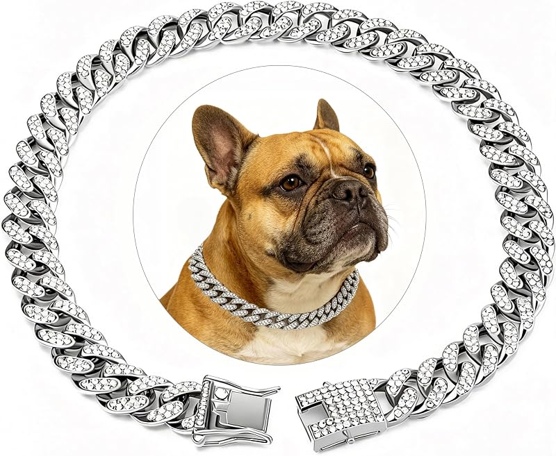 Coleira para Cães Estilo Miami Cuban com Zircônia Cúbica e Acabamento Dourado 18K, 13 mm, 40,64 cm