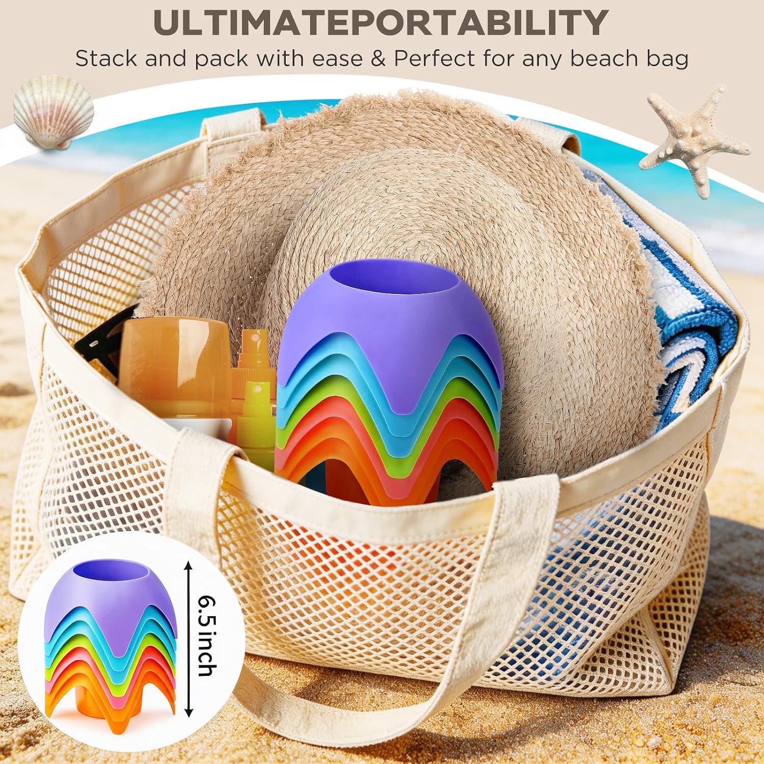 Uarzt Beach Cup Holders for Sand (7 Pack) | Beach Vacation Essentials Drink Holders, Sand Coasters for Drinks & Phones, Portable Beach Accessories Must Haves for Women, Family Travel & Summer Gifts