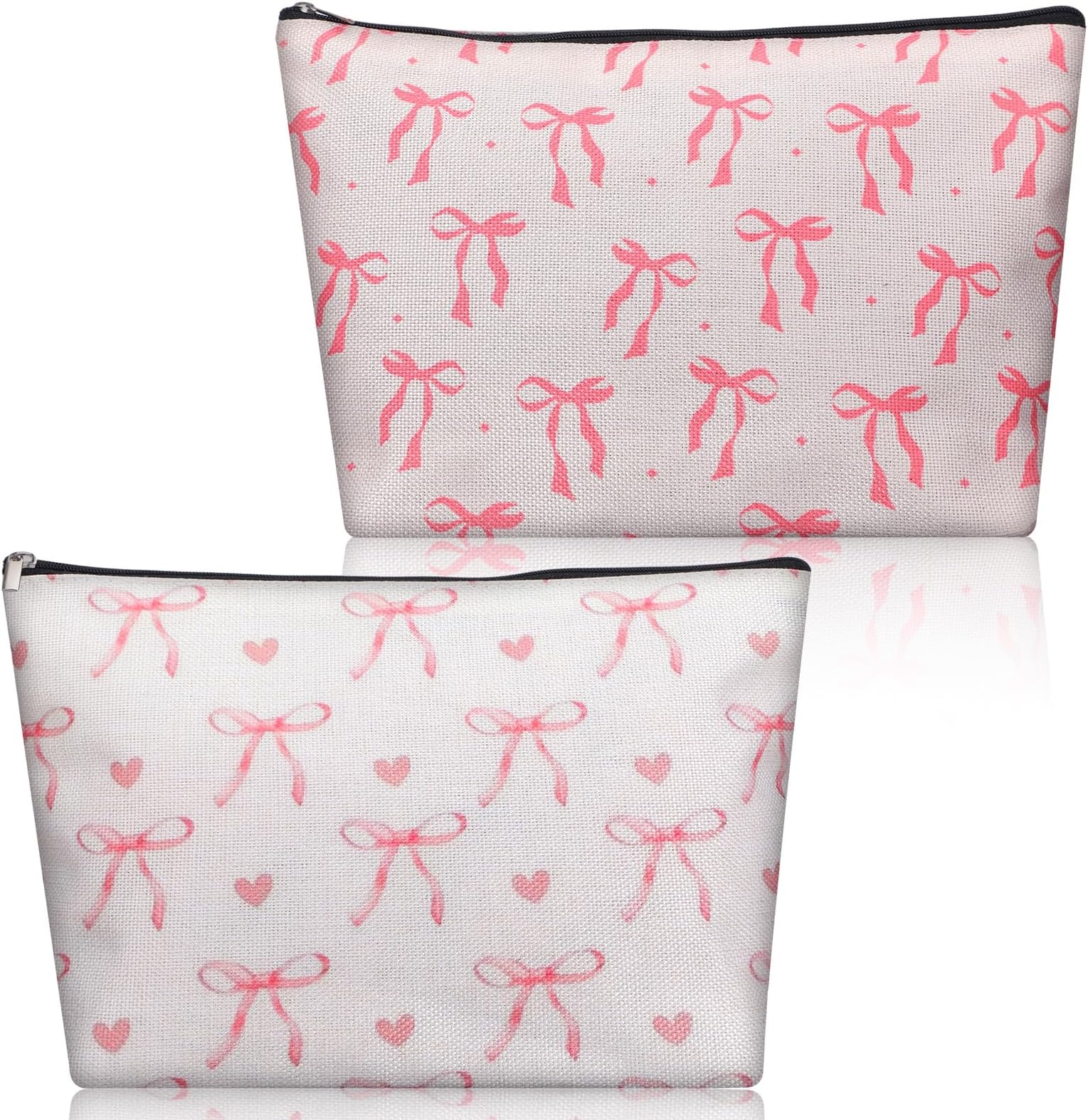 2Pcs Pink Bow Makeup Bag, Cute Makeup Bags Lovely Preppy Cosmetic Pouch Lovely Heart and Bow Make up Pouch with Zipper Travel Toiletry Bag Gift for Women and Girls
