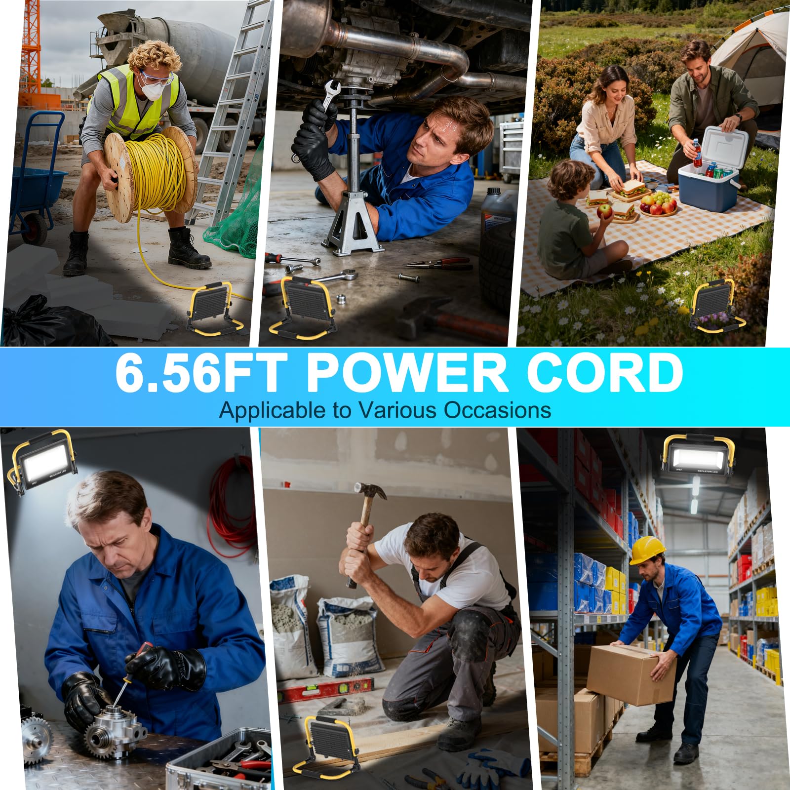 Faretto LED da Cantiere 200W, 20000lm Fari Led da Esterno con Spina, 6500K Lampada da Lavoro IP67 Impermeabile Cavo 2M, con Staffa Pieghevole, Faretto Lavoro per Edilizia,Officina, Garage