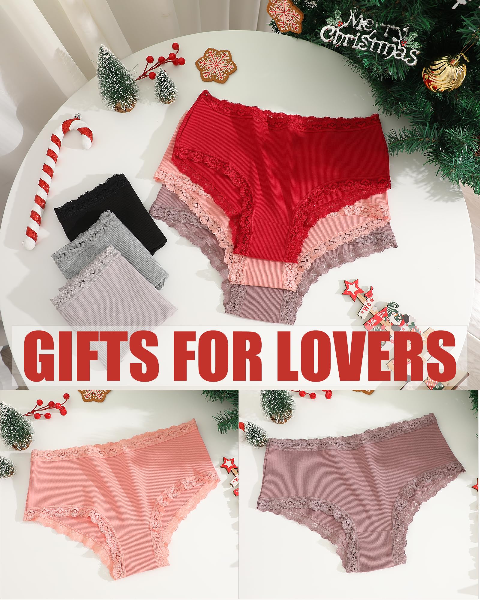 FINETOO Cotton Underwear for Women Sexy Boy Shorts Breathable Cheeky Lace Trim Panties Womens Underwear 6 Pack: Black+white+skin Tone+pink+gray+brick Yellow Small