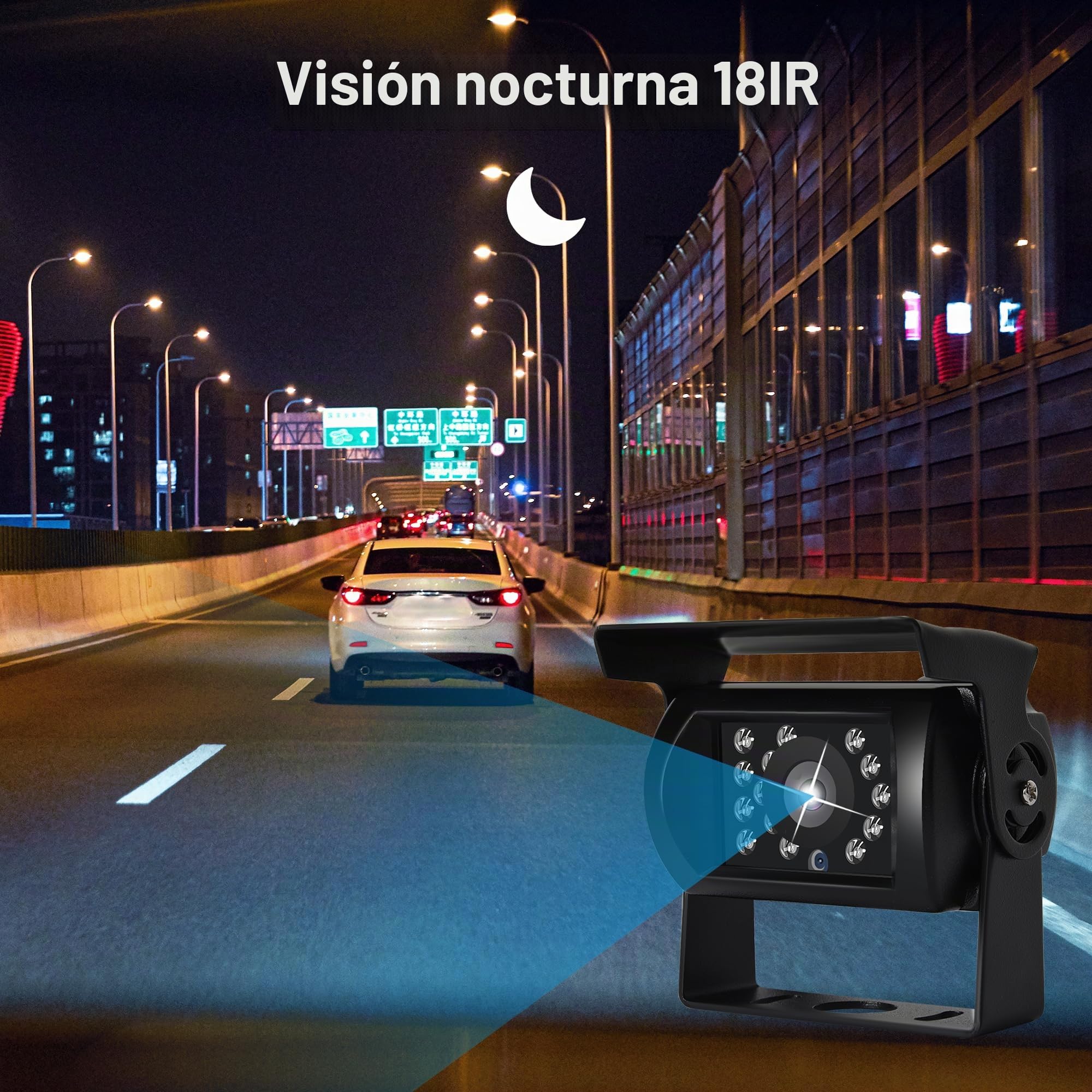 Rimoody Camara Marcha Atrás de Coche 18IR Visión Nocturna sin Línea de Guía sin Cambio de Color, Impermeable, 4 Pines, Conector de Aviación, Cámara de Visión Trasera para Bus/RV/Camión/Remolque 9V-36V