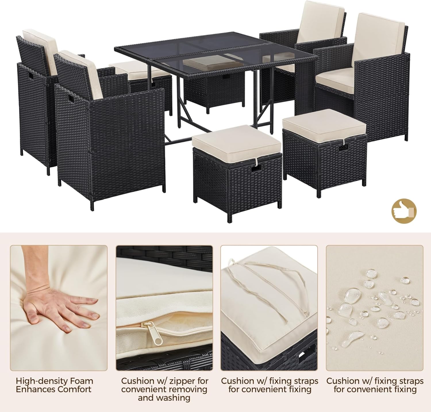 9-Piece Patio Dining Sets Outdoor Space Rattan Chairs with Glass Table Wicker Sectional Conversation Furniture Set with Removeable Cushions for Backyard Porch