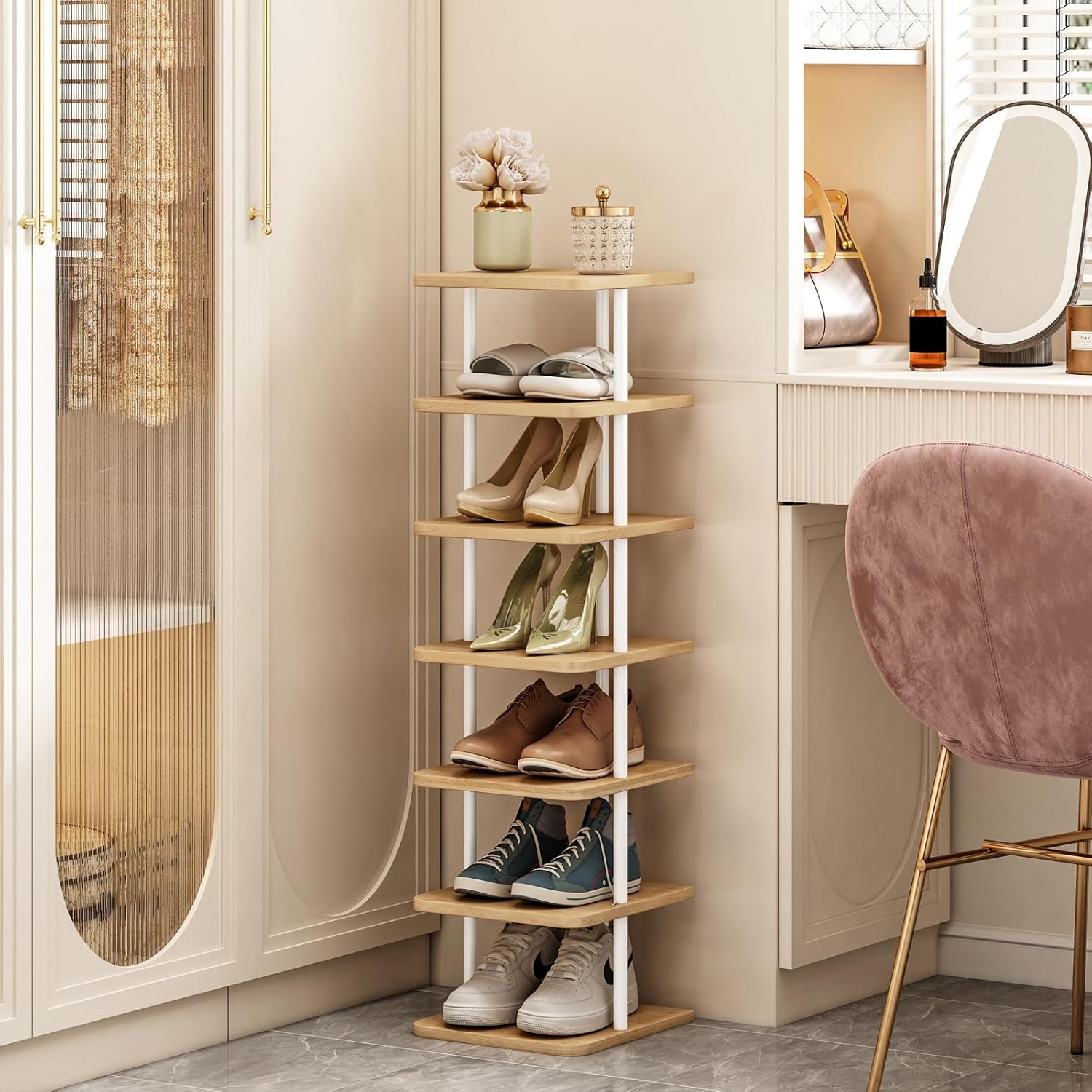 SORCEDAS 7 Tiers Vertical Shoe Rack Wooden Shoe Storage Organizer for Space Saving Narrow Shoe Shelf Storage 7 Pairs for Entryway Living Room Bedroom(White+Oak)